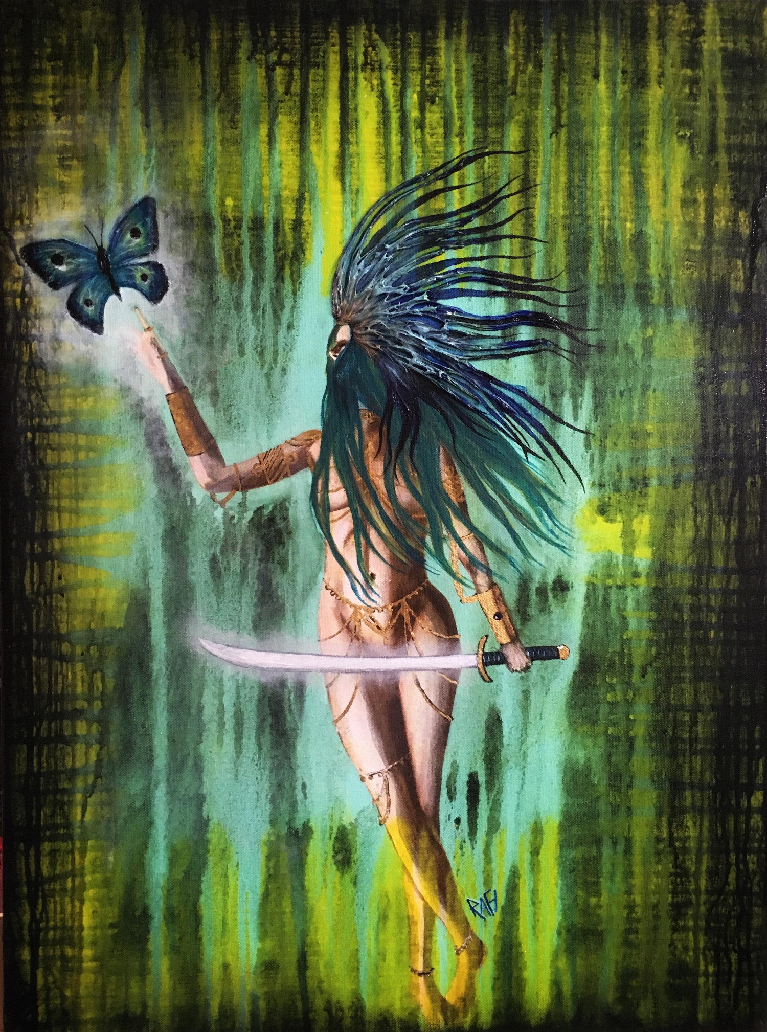 Butterfly Warrior Original Painting Art By Artist Rafi Perez Mixed Medium On Canvas 18x24 - Image 2