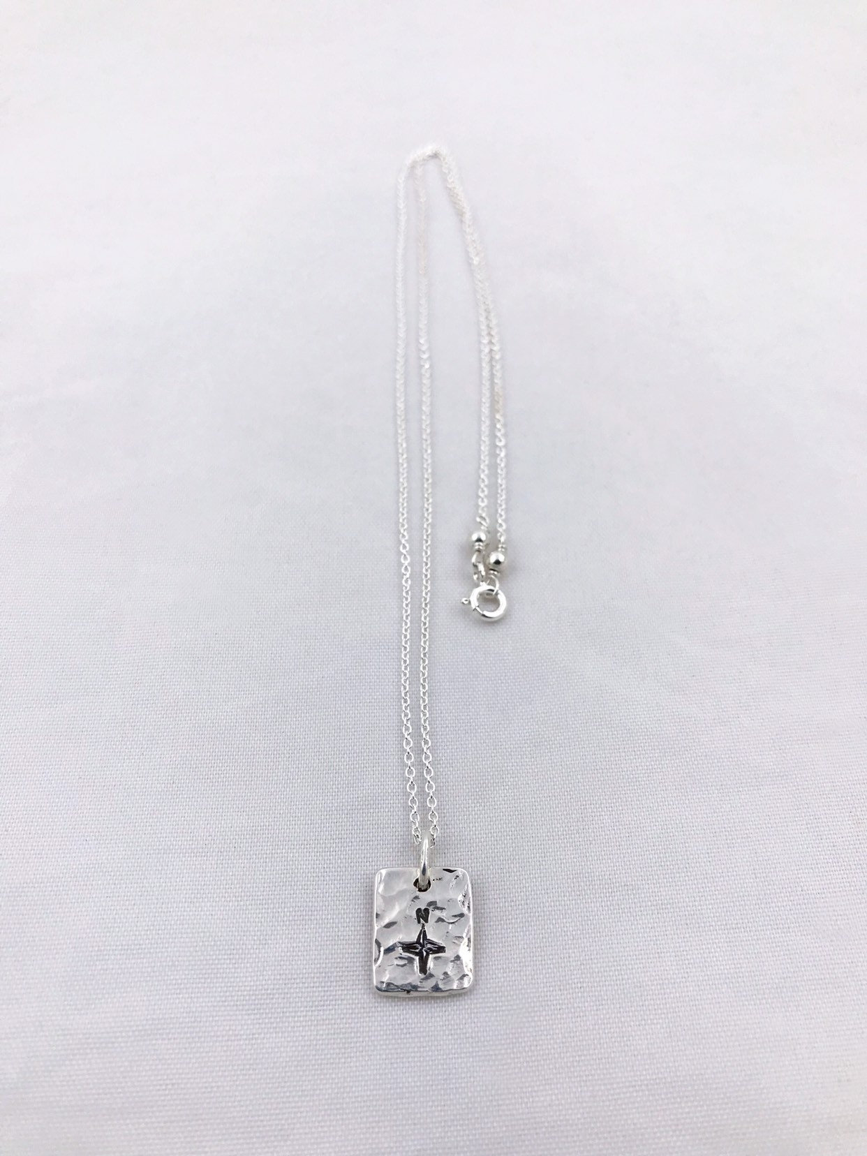 Compass Necklace / Solid Sterling Silver / Rustic Rectangle Stamped Compass - Image 2