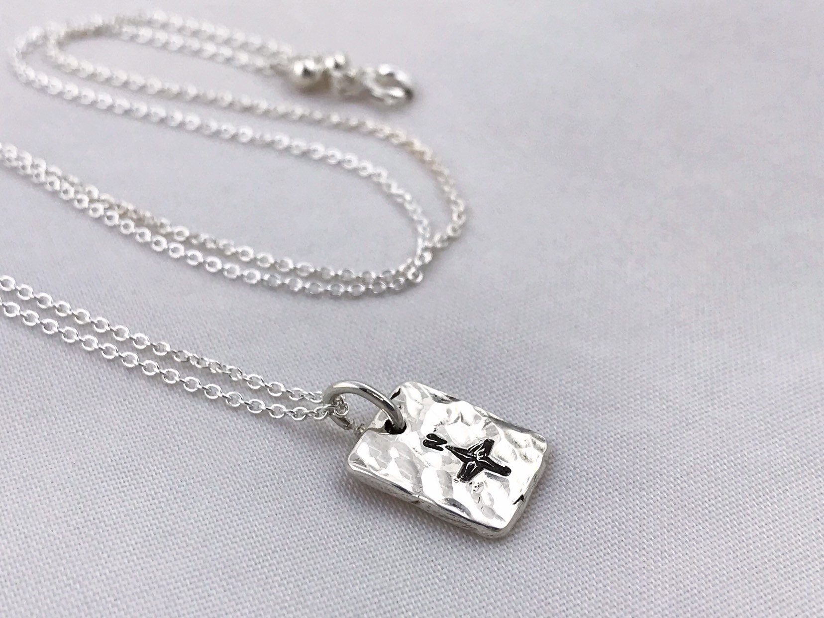 Compass Necklace / Solid Sterling Silver / Rustic Rectangle Stamped Compass - Image 5