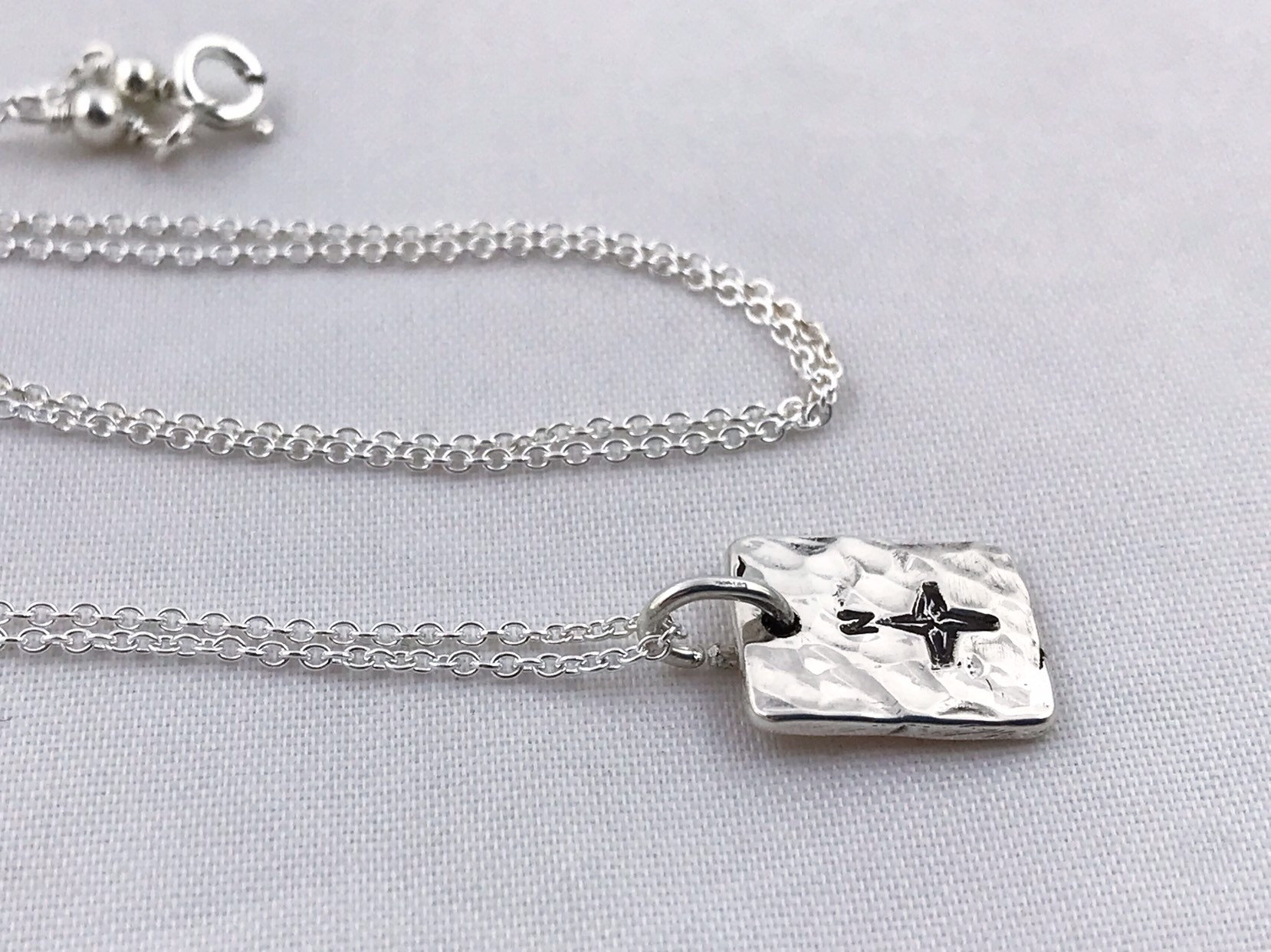 Compass Necklace / Solid Sterling Silver / Rustic Rectangle Stamped Compass - Image 6