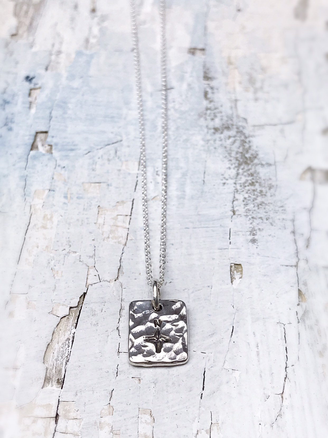 Compass Necklace / Solid Sterling Silver / Rustic Rectangle Stamped Compass - Image 8