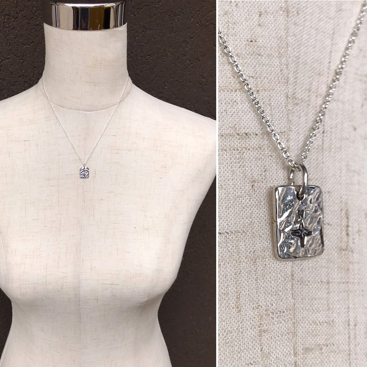 Compass Necklace / Solid Sterling Silver / Rustic Rectangle Stamped Compass - Image 9