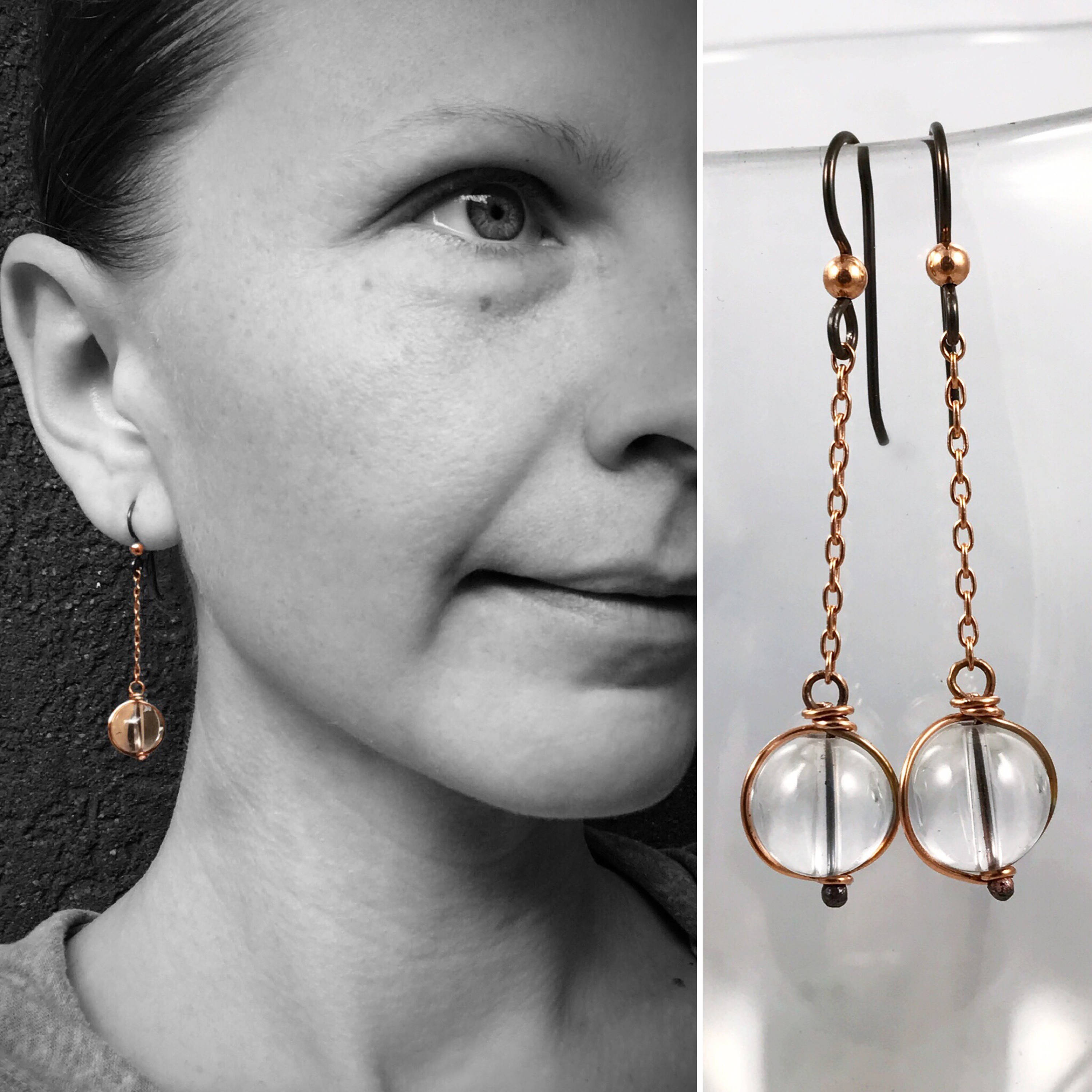 Copper Quartz Orb Earrings – Pure Solid Copper – Round Quartz Crystals – Hypoallergenic Hooks – Pools Of Light