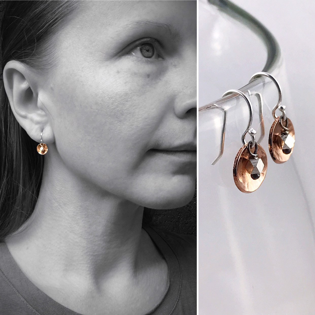 Dainty Hammered Copper Concave Disk Earrings – Two Tone Mixed Metal – Sterling Silver Fine Silver Raw Copper – Minimalist Lightweight