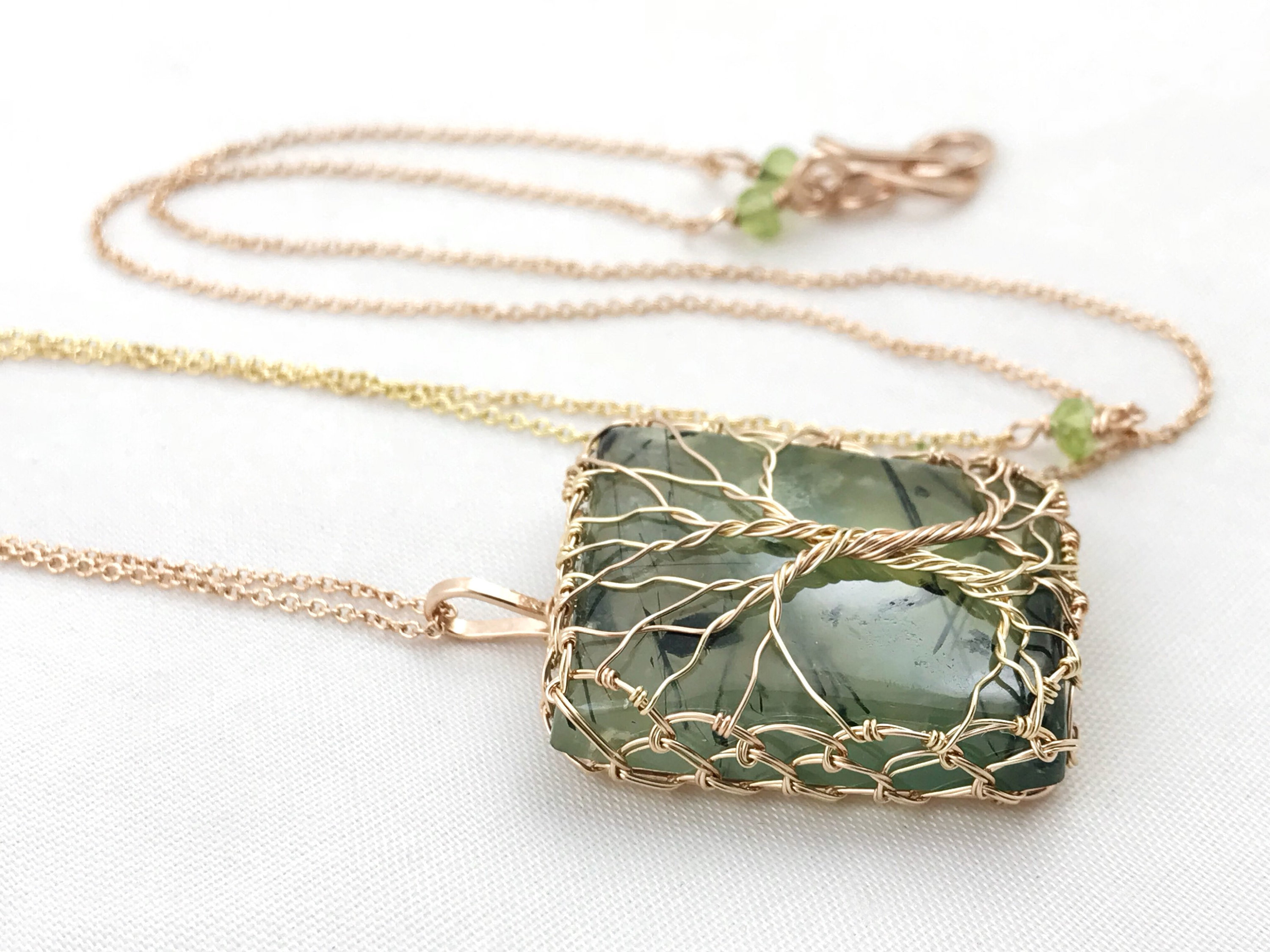 Double Tree Of Life Pendant Necklace – Two Tone 14k Yellow Gold Filled / 14k Rose Gold Filled – Green Prehnite – Faceted Peridot – "Entwined"