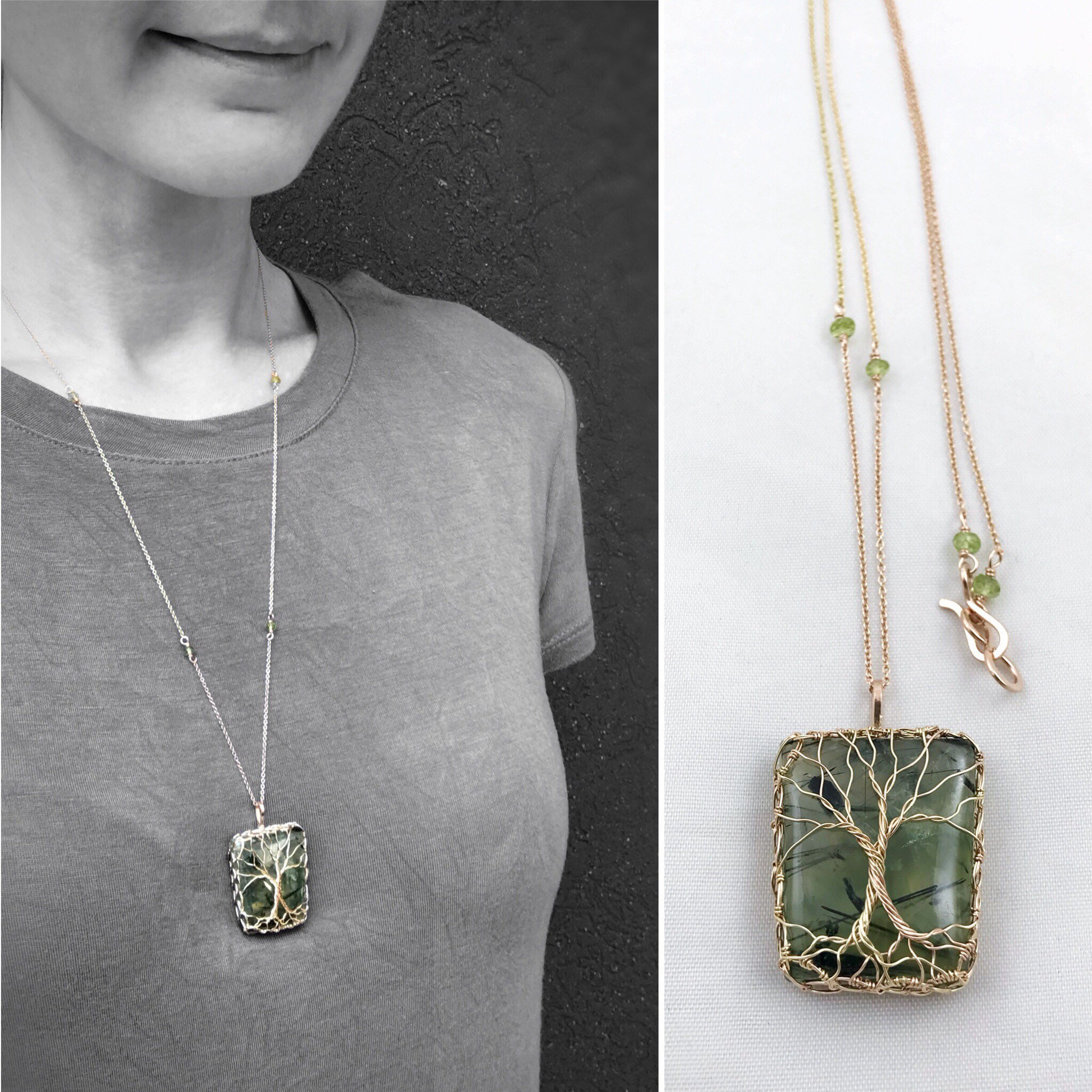 Double Tree Of Life Pendant Necklace - Two Tone 14k Yellow Gold Filled / 14k Rose Gold Filled - Green Prehnite - Faceted Peridot - "Entwined" - Image 2