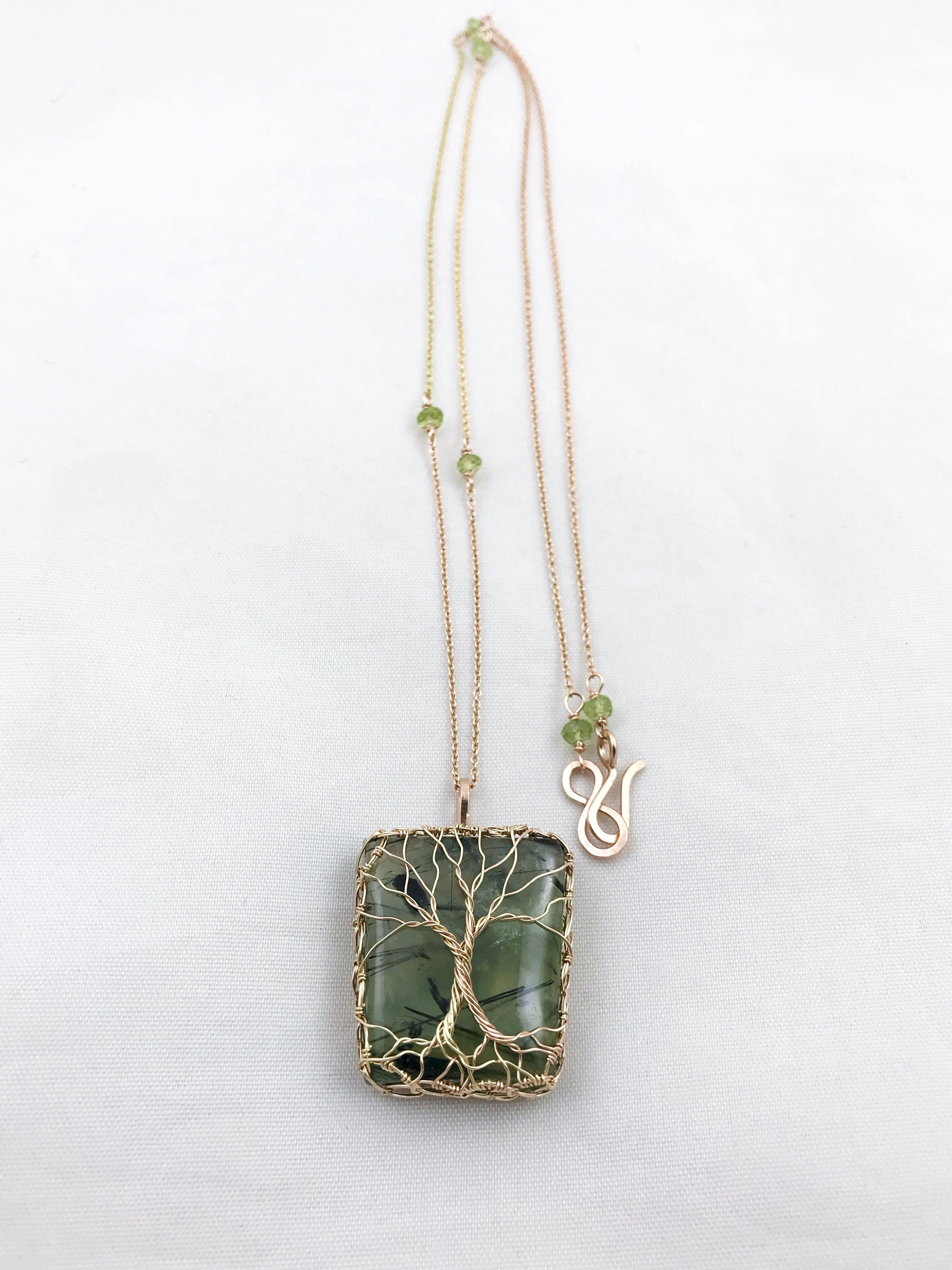 Double Tree Of Life Pendant Necklace - Two Tone 14k Yellow Gold Filled / 14k Rose Gold Filled - Green Prehnite - Faceted Peridot - "Entwined" - Image 3