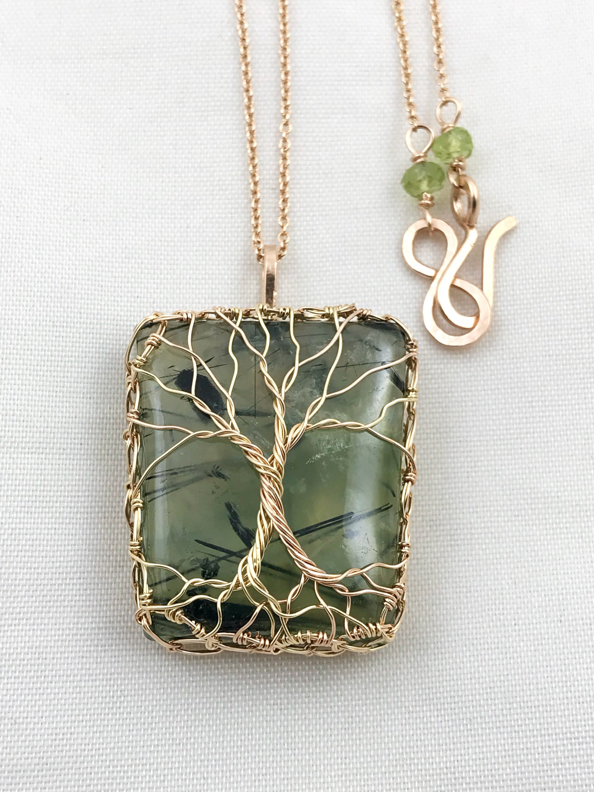 Double Tree Of Life Pendant Necklace - Two Tone 14k Yellow Gold Filled / 14k Rose Gold Filled - Green Prehnite - Faceted Peridot - "Entwined" - Image 4