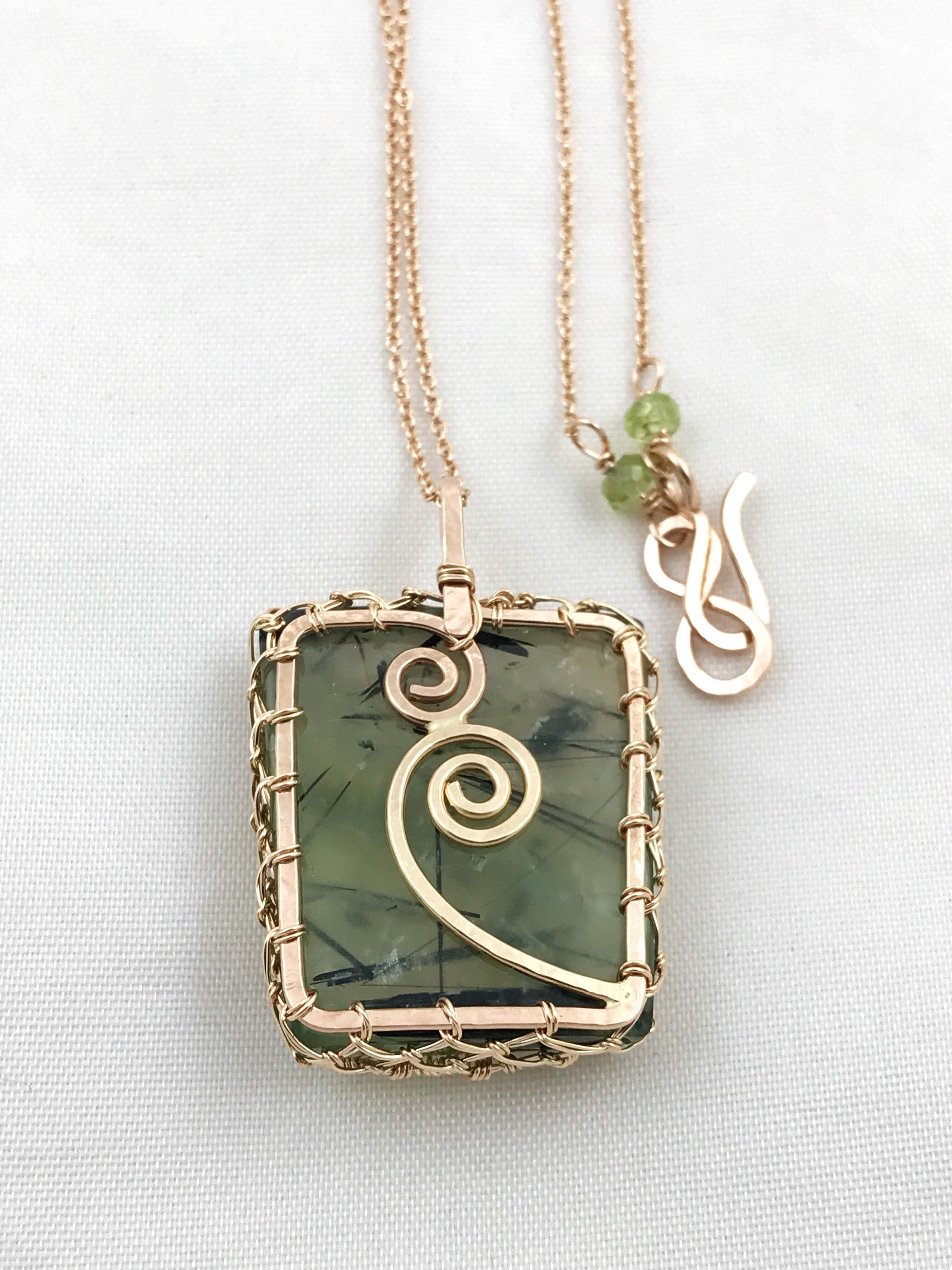 Double Tree Of Life Pendant Necklace - Two Tone 14k Yellow Gold Filled / 14k Rose Gold Filled - Green Prehnite - Faceted Peridot - "Entwined" - Image 5