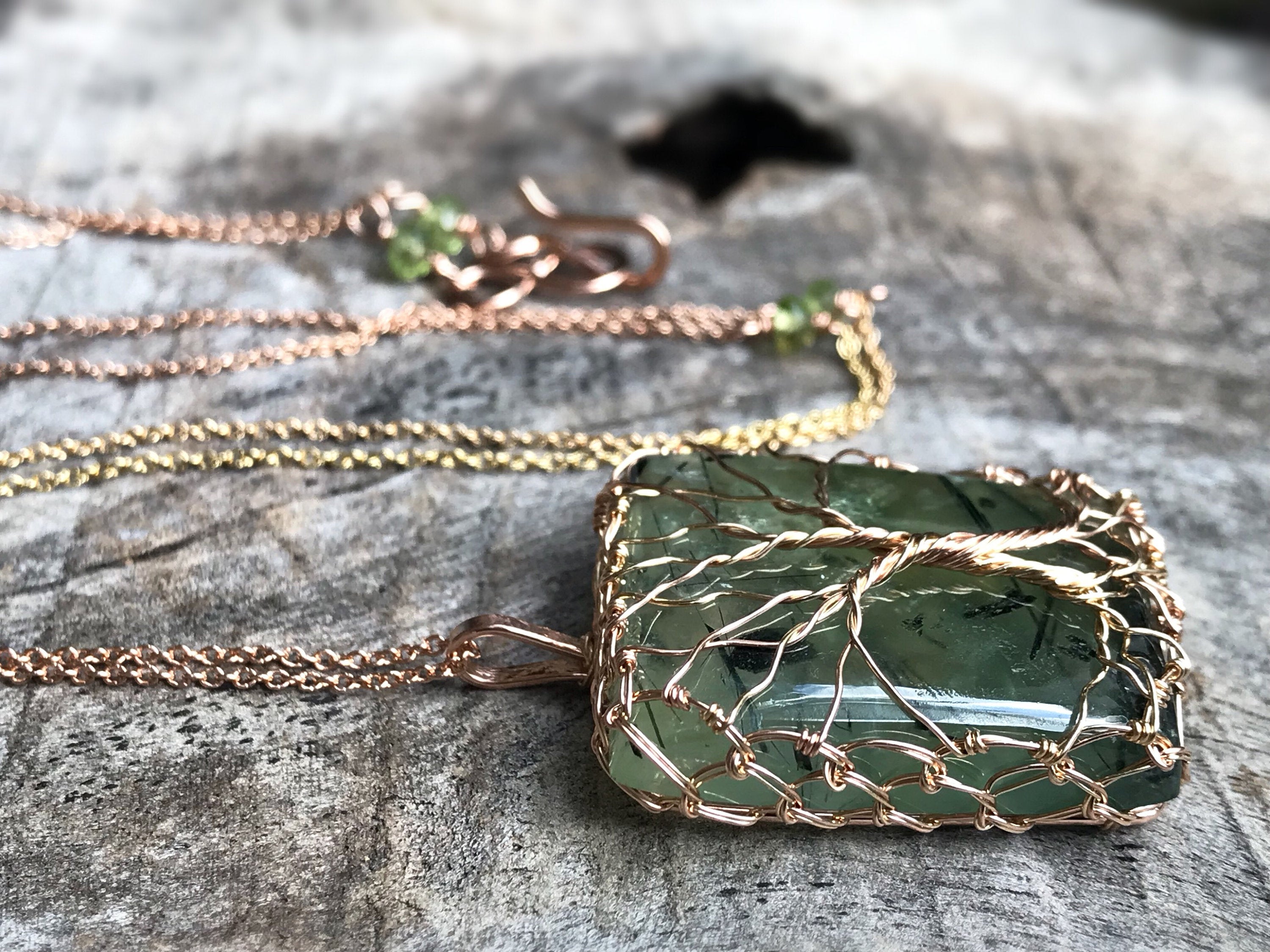 Double Tree Of Life Pendant Necklace - Two Tone 14k Yellow Gold Filled / 14k Rose Gold Filled - Green Prehnite - Faceted Peridot - "Entwined" - Image 6