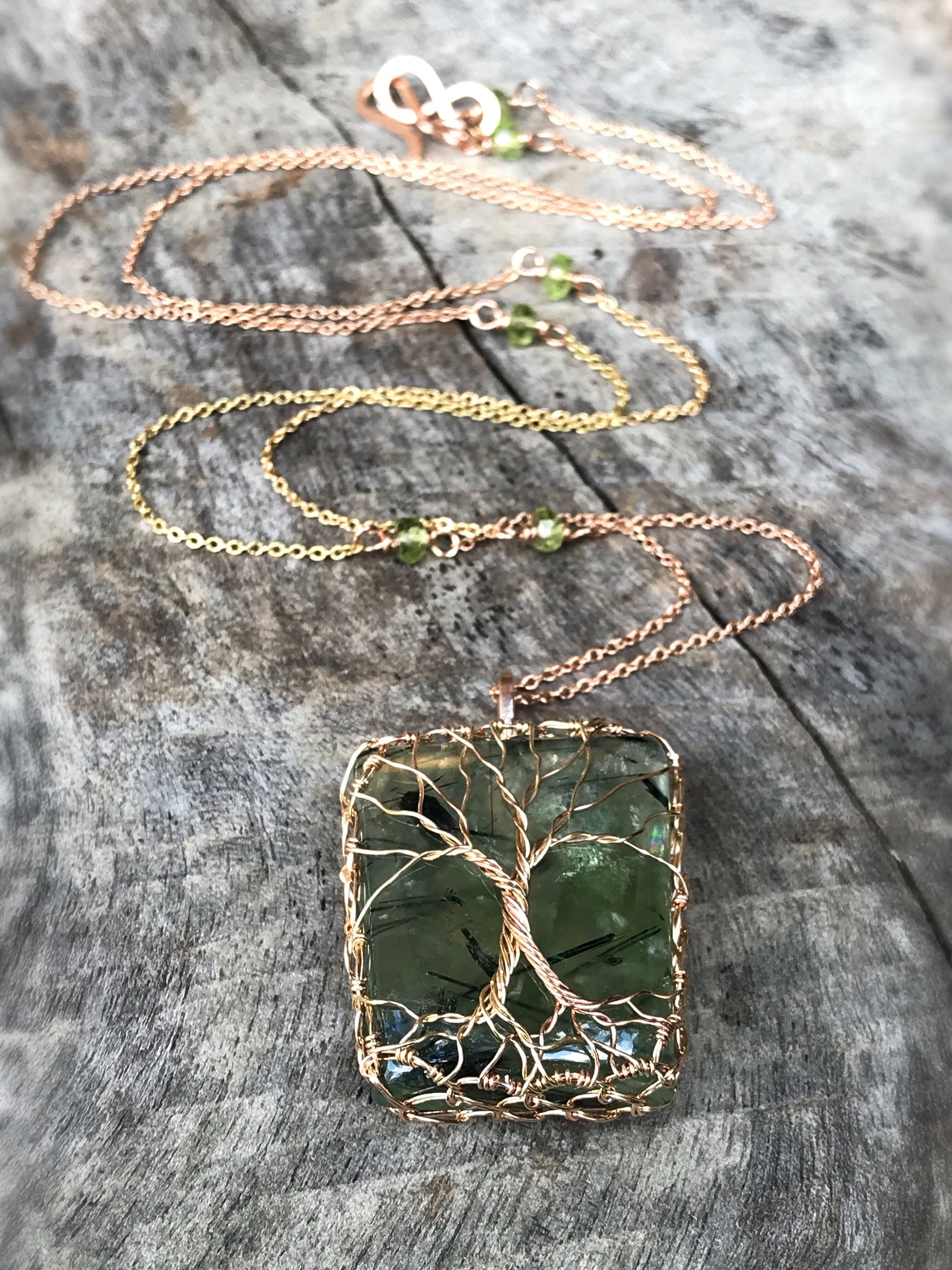 Double Tree Of Life Pendant Necklace - Two Tone 14k Yellow Gold Filled / 14k Rose Gold Filled - Green Prehnite - Faceted Peridot - "Entwined" - Image 7