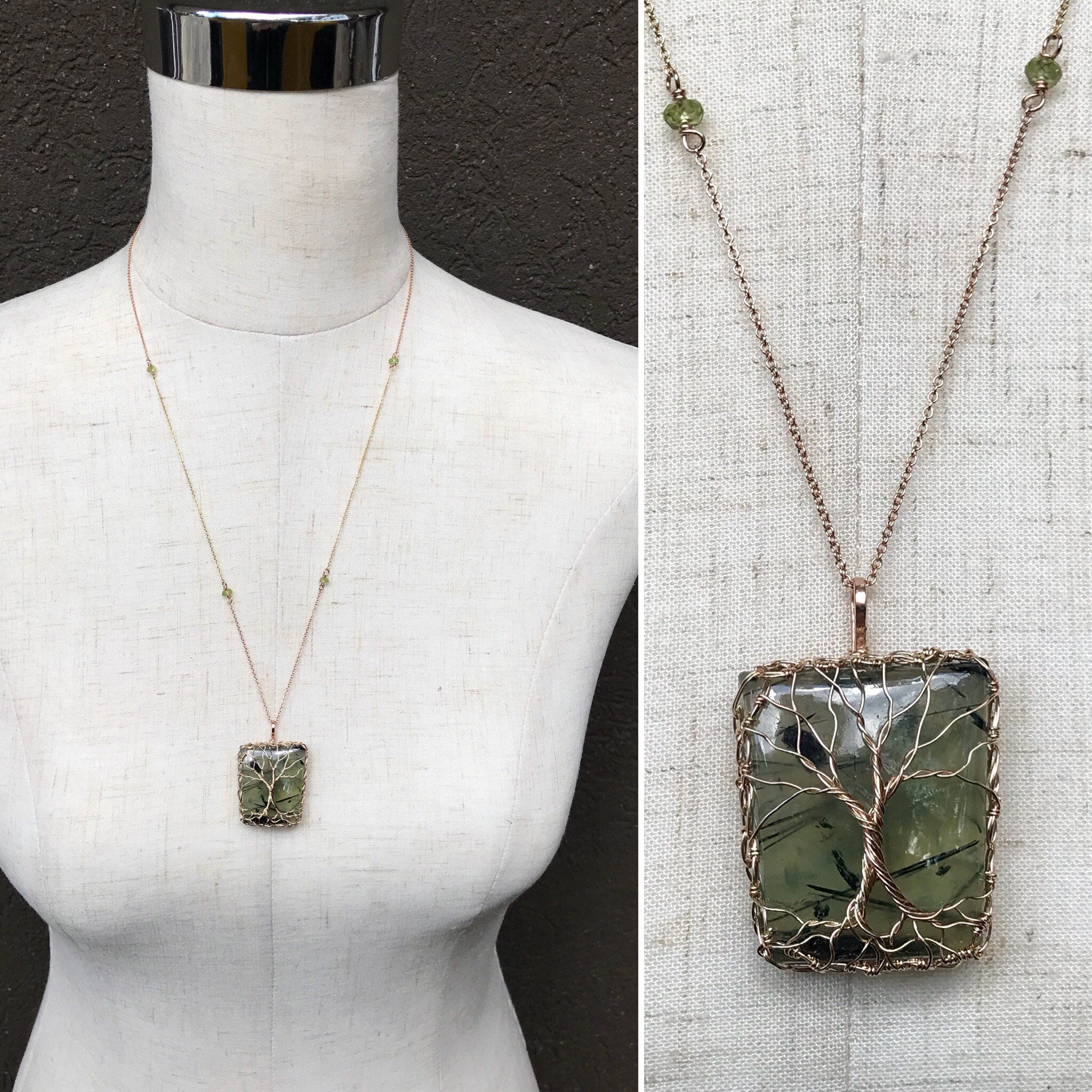 Double Tree Of Life Pendant Necklace - Two Tone 14k Yellow Gold Filled / 14k Rose Gold Filled - Green Prehnite - Faceted Peridot - "Entwined" - Image 8