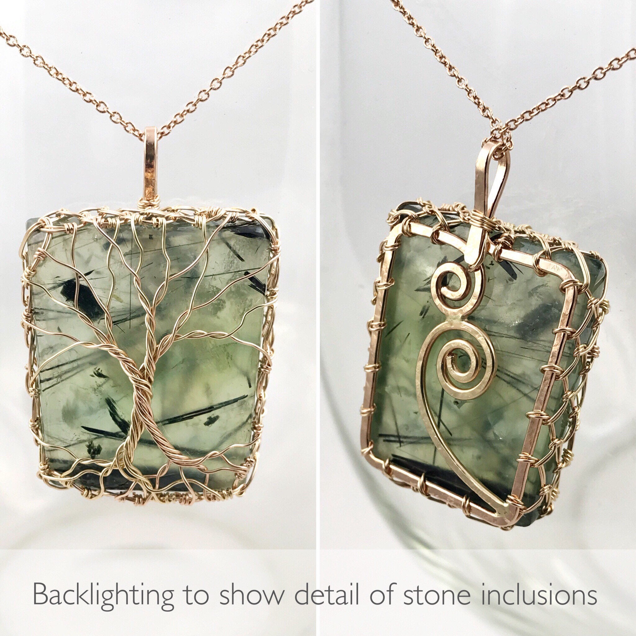 Double Tree Of Life Pendant Necklace - Two Tone 14k Yellow Gold Filled / 14k Rose Gold Filled - Green Prehnite - Faceted Peridot - "Entwined" - Image 9