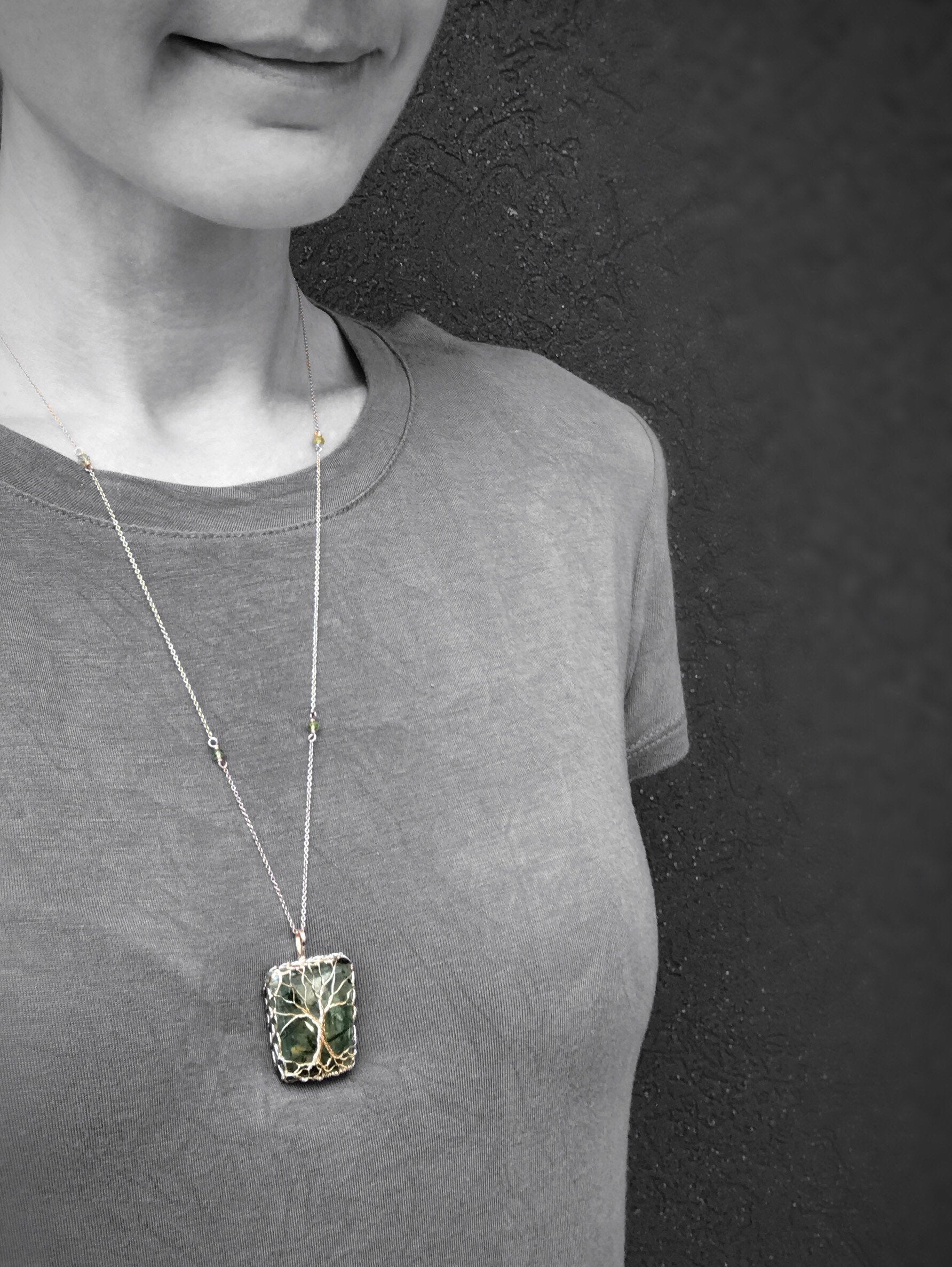 Double Tree Of Life Pendant Necklace - Two Tone 14k Yellow Gold Filled / 14k Rose Gold Filled - Green Prehnite - Faceted Peridot - "Entwined" - Image 10