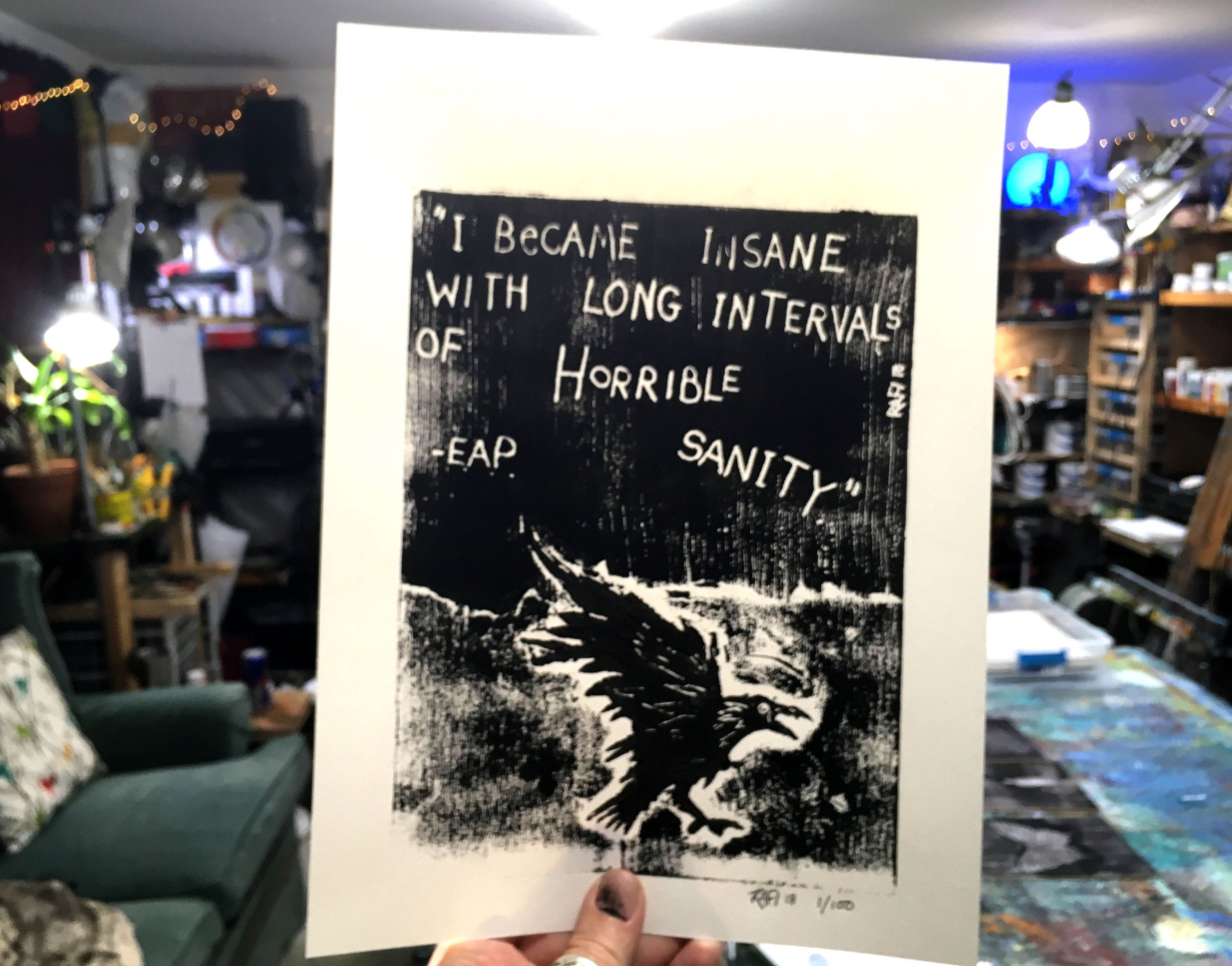 Edgar Allen Poe Sanity Limited Edition Original Print By Rafi Perez – Inked Etching – Block Print – Hand Crafted Print – Motivational Art