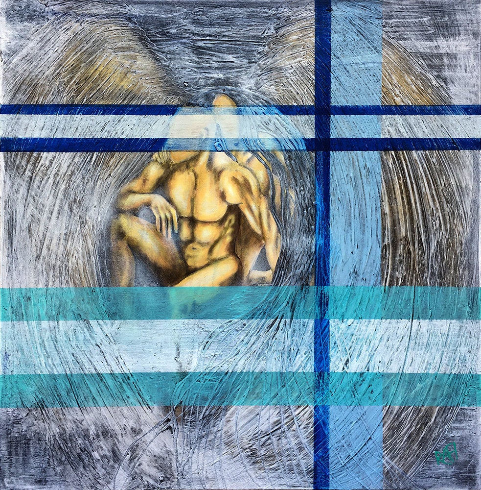 Embrace Of The Guardian Original Painting By Artist Rafi Perez Mixed Medium On Canvas 30×30