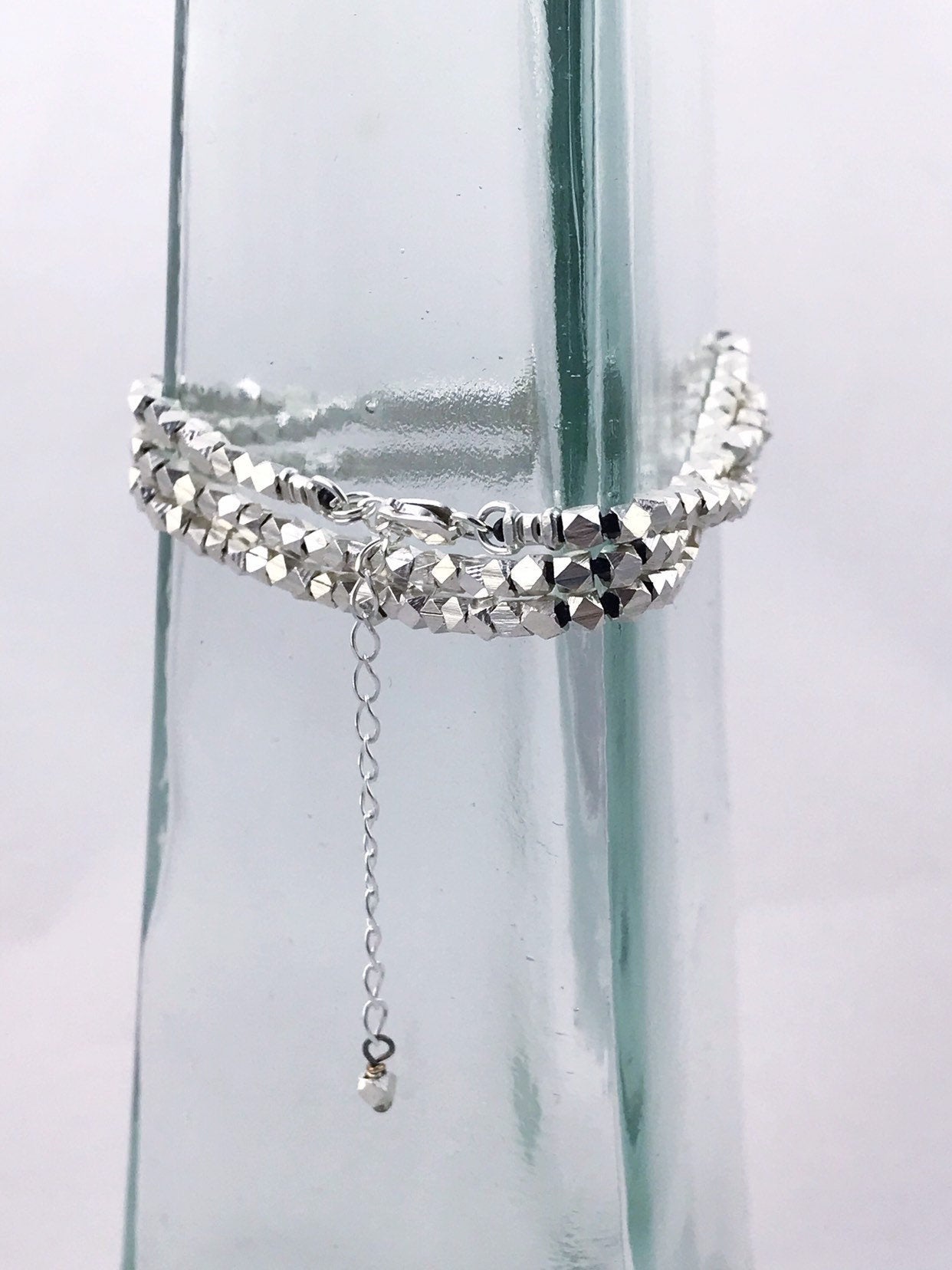 Fine Silver Nugget Triple Wrap Bracelet / Necklace – Fine Silver Geometric Nuggets – Sterling Silver Chain / Clasp – Adjustable Length