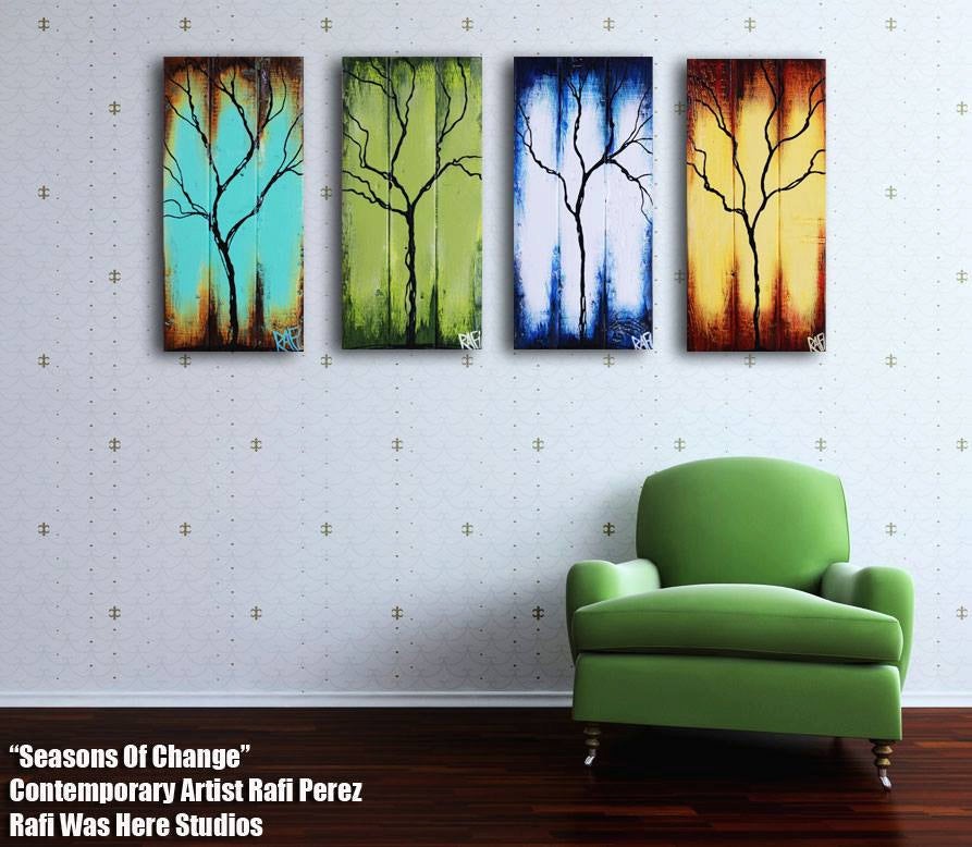Four Seasons Of Change Tree Paintings On Reclaimed Wood Large 4 Piece By Artist Rafi Perez - Image 2