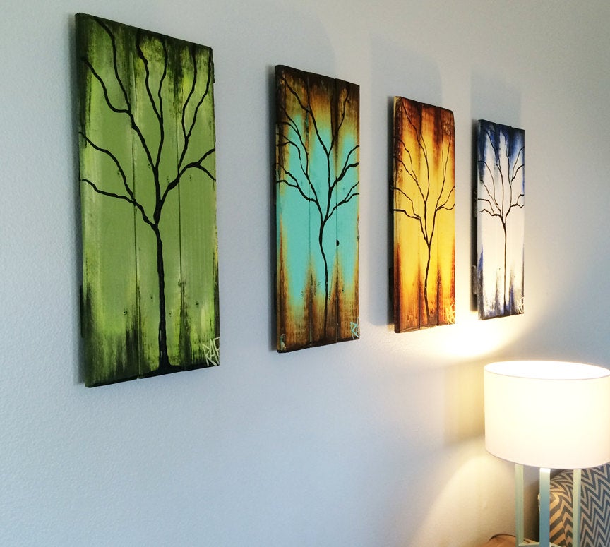 Four Seasons Of Change Tree Paintings On Reclaimed Wood Large 4 Piece By Artist Rafi Perez - Image 5