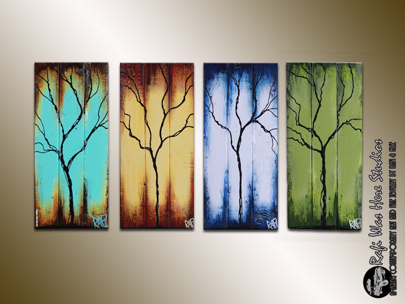 Four Seasons Of Change Tree Paintings On Reclaimed Wood Large 4 Piece By Artist Rafi Perez - Image 3