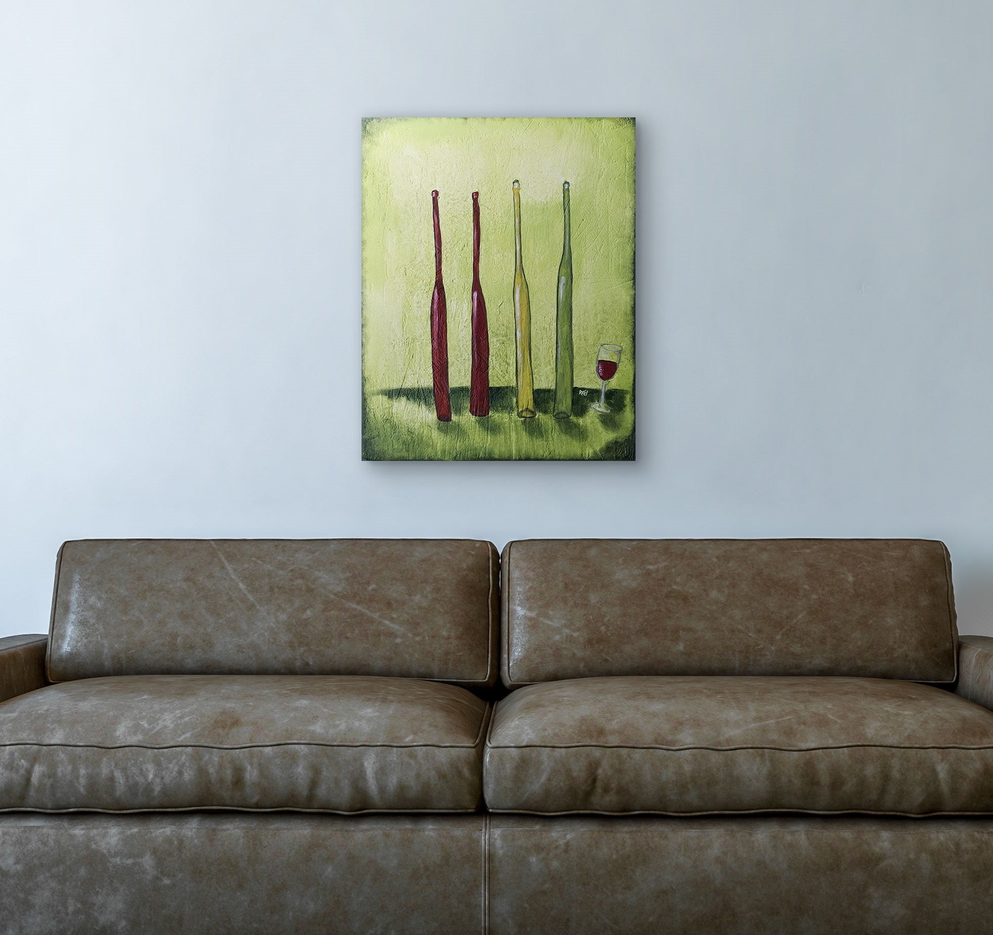 Four Wine Bottles Original Painting By Artist Rafi Perez Mixed Medium Textured On Canvas 24x30