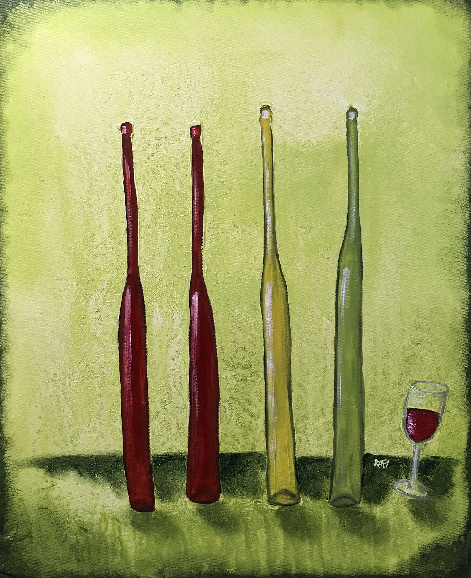 Four Wine Bottles Original Painting By Artist Rafi Perez Mixed Medium Textured On Canvas 24x30 - Image 2