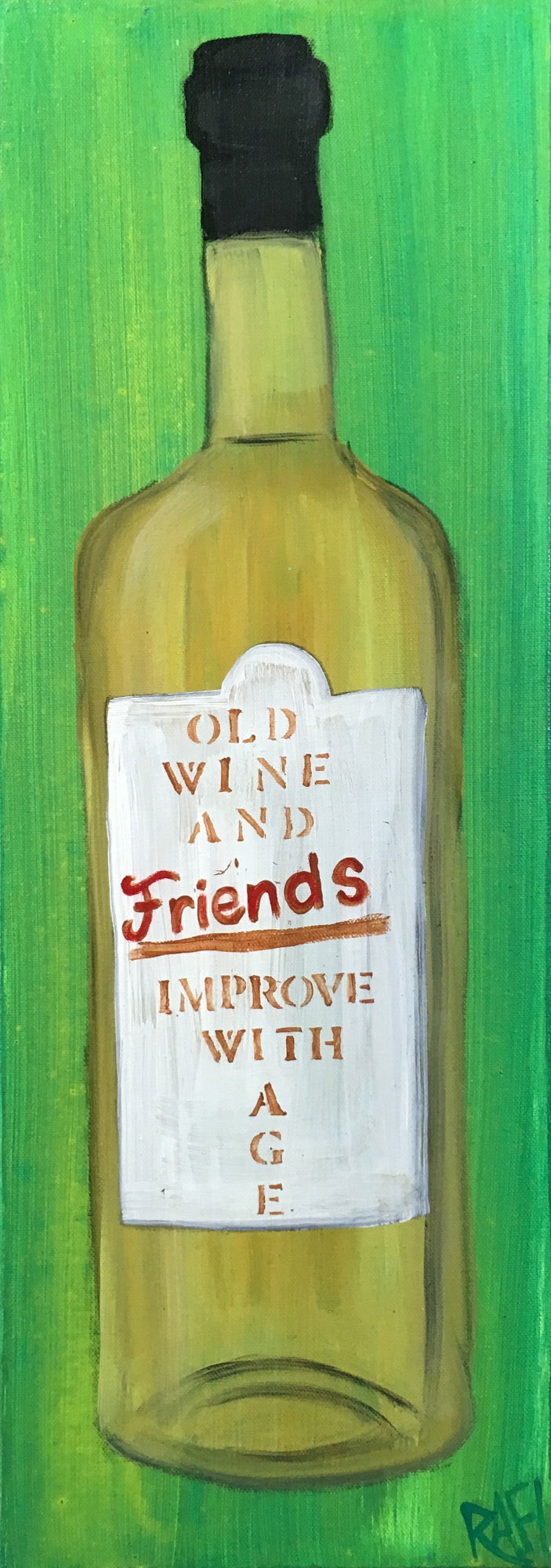 Friends Wine Bottle Original Painting by Artist Rafi Perez Mixed Medium Textured on Canvas 8X24 - Image 2