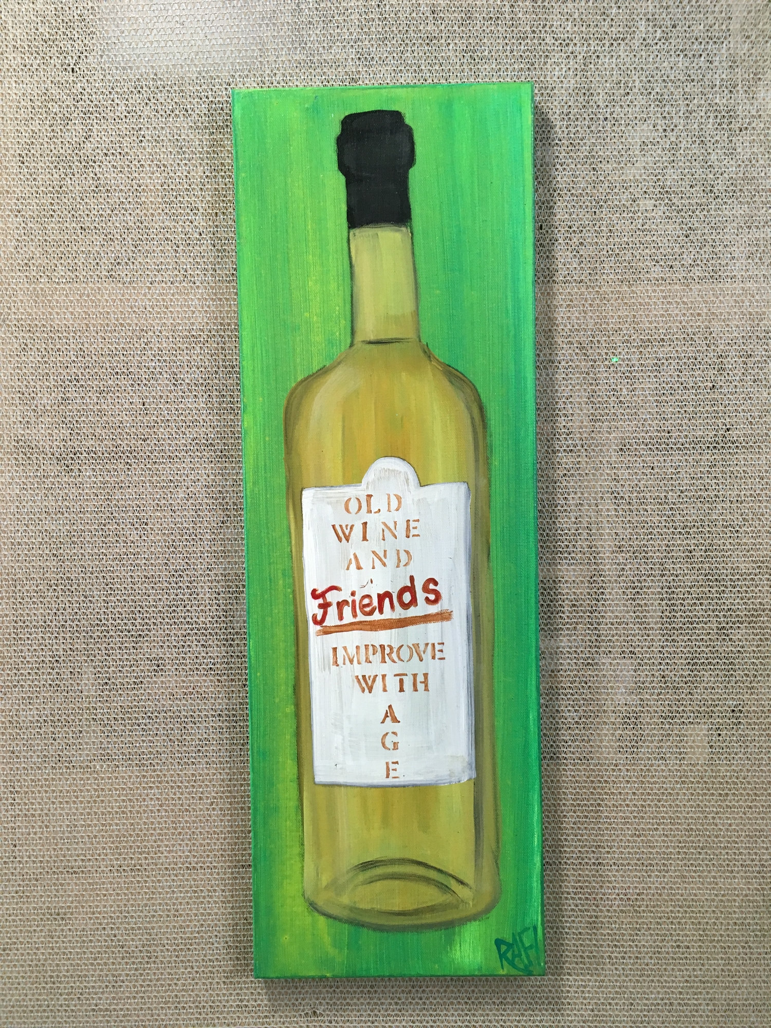 Friends Wine Bottle Original Painting by Artist Rafi Perez Mixed Medium Textured on Canvas 8X24 - Image 4