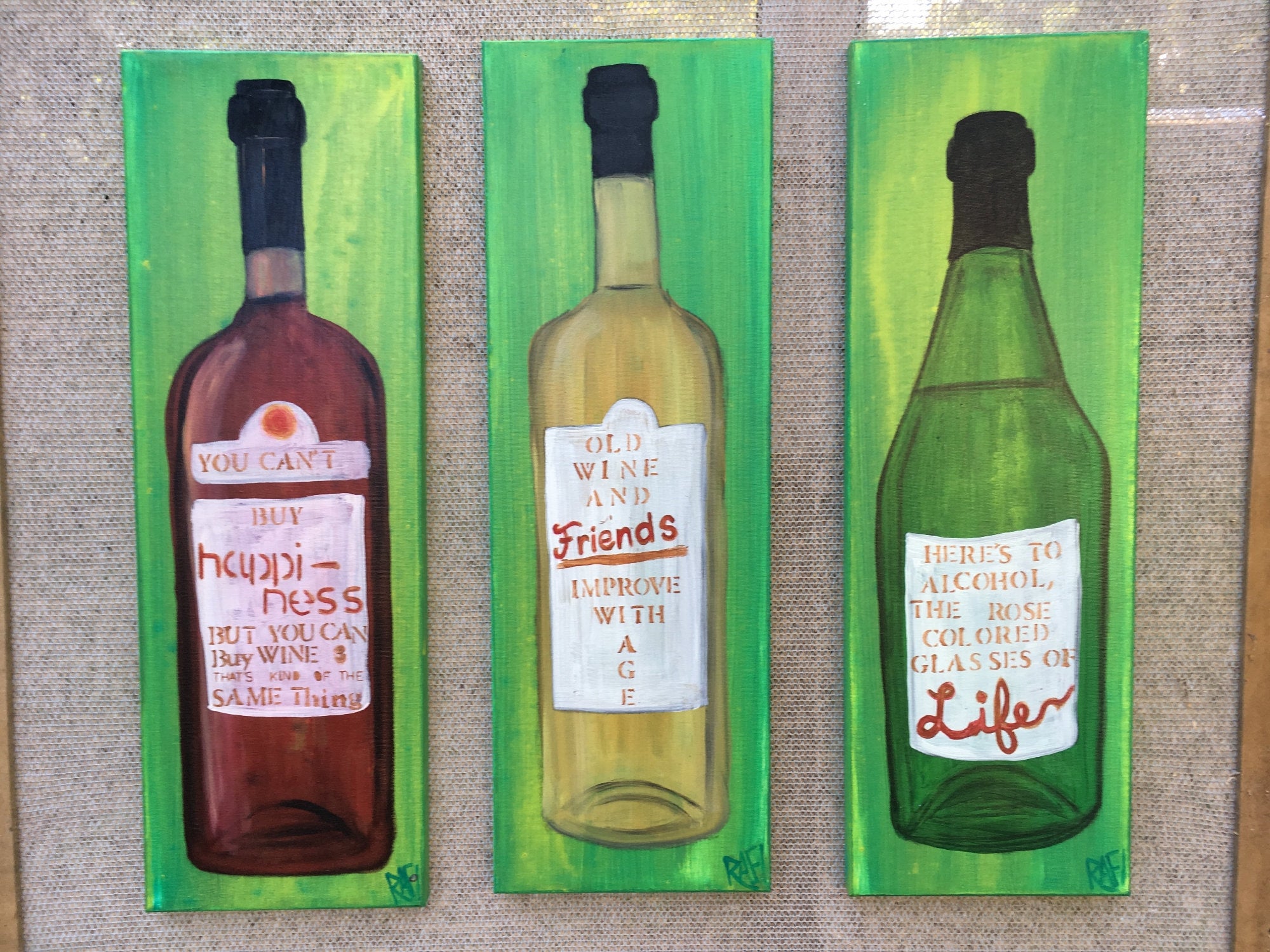 Friends Wine Bottle Original Painting by Artist Rafi Perez Mixed Medium Textured on Canvas 8X24 - Image 8
