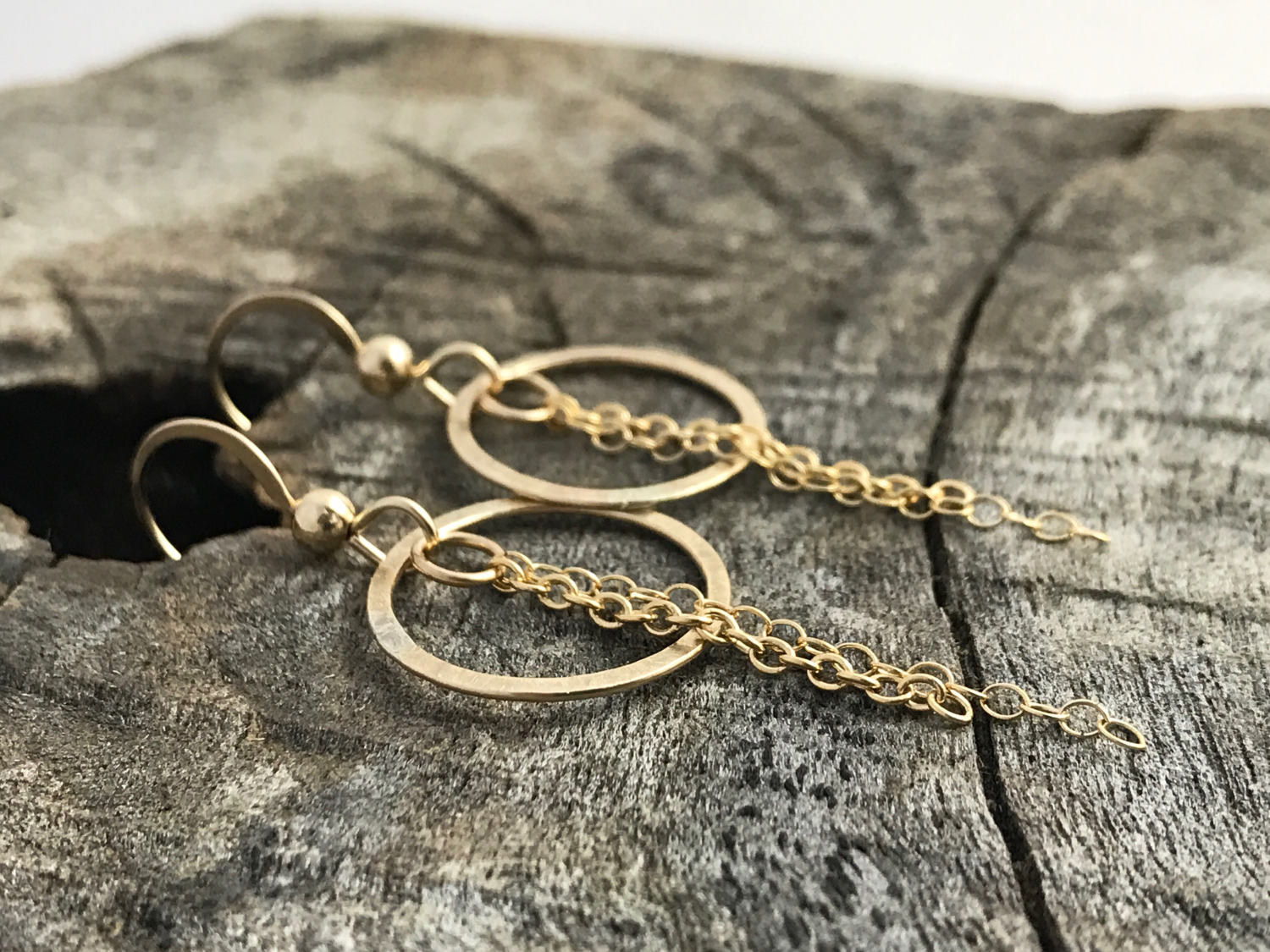 Sunbeam Earrings / 14k Yellow Gold Filled / Subtle Hammered Texture / Chain Tassels - Image 4