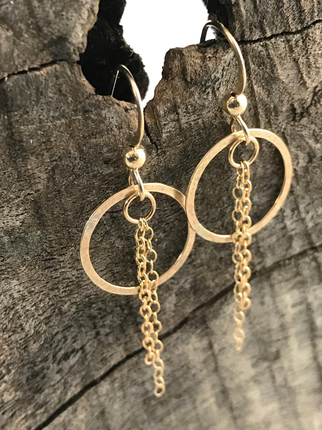 Sunbeam Earrings / 14k Yellow Gold Filled / Subtle Hammered Texture / Chain Tassels - Image 5