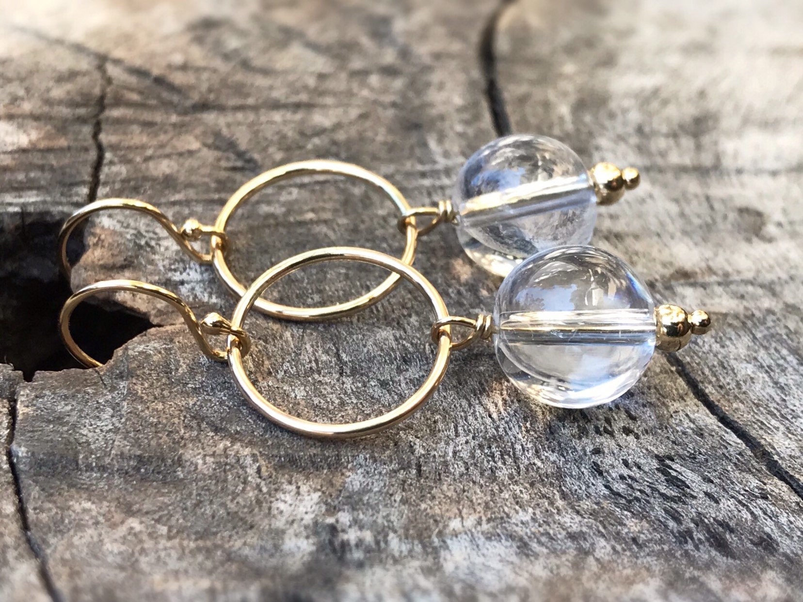 Sun Circle Earrings / 14k Yellow Gold Filled / Round Quartz Crystal Orbs - Image 4