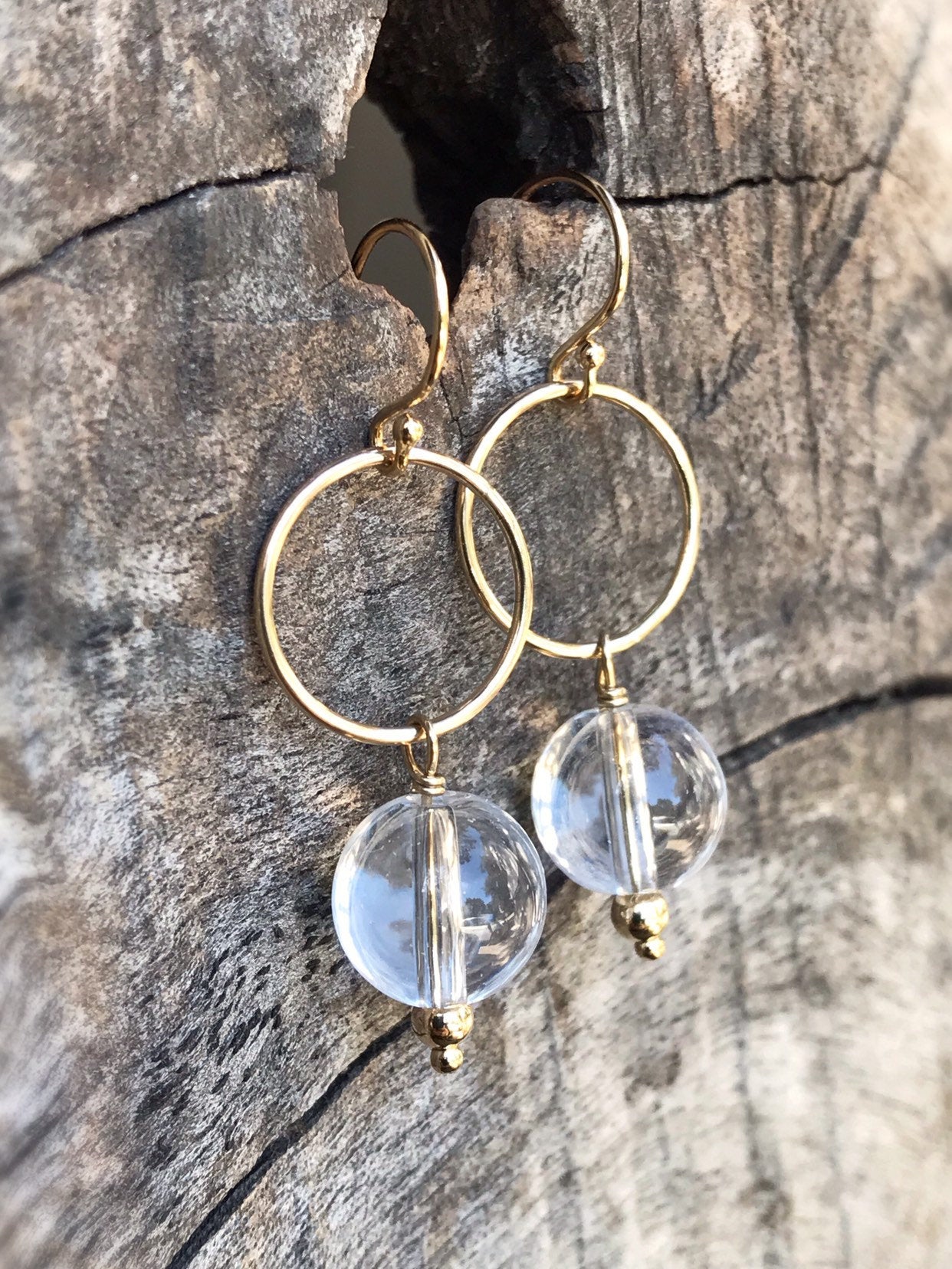 Sun Circle Earrings / 14k Yellow Gold Filled / Round Quartz Crystal Orbs - Image 5