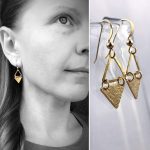 Triangle Dangle Earrings / 14k Yellow Gold Filled / Hammer Forged / Rustic Hammered Texture