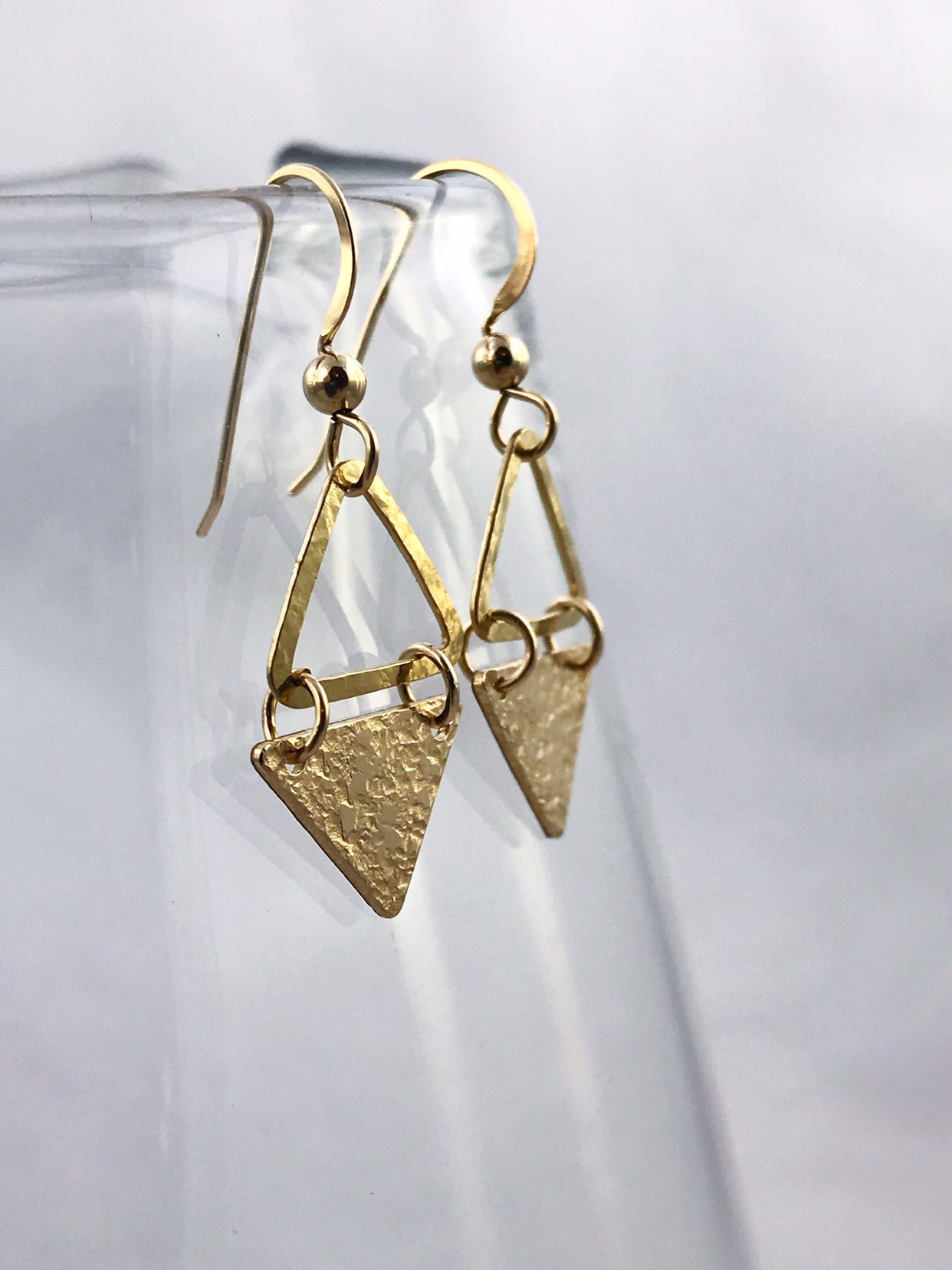 Triangle Dangle Earrings / 14k Yellow Gold Filled / Hammer Forged / Rustic Hammered Texture - Image 3