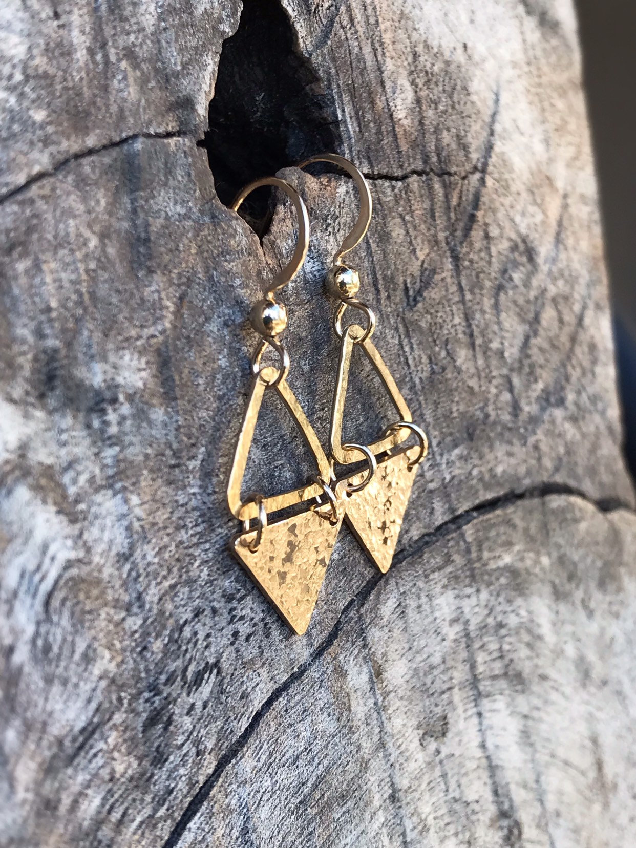 Triangle Dangle Earrings / 14k Yellow Gold Filled / Hammer Forged / Rustic Hammered Texture - Image 4