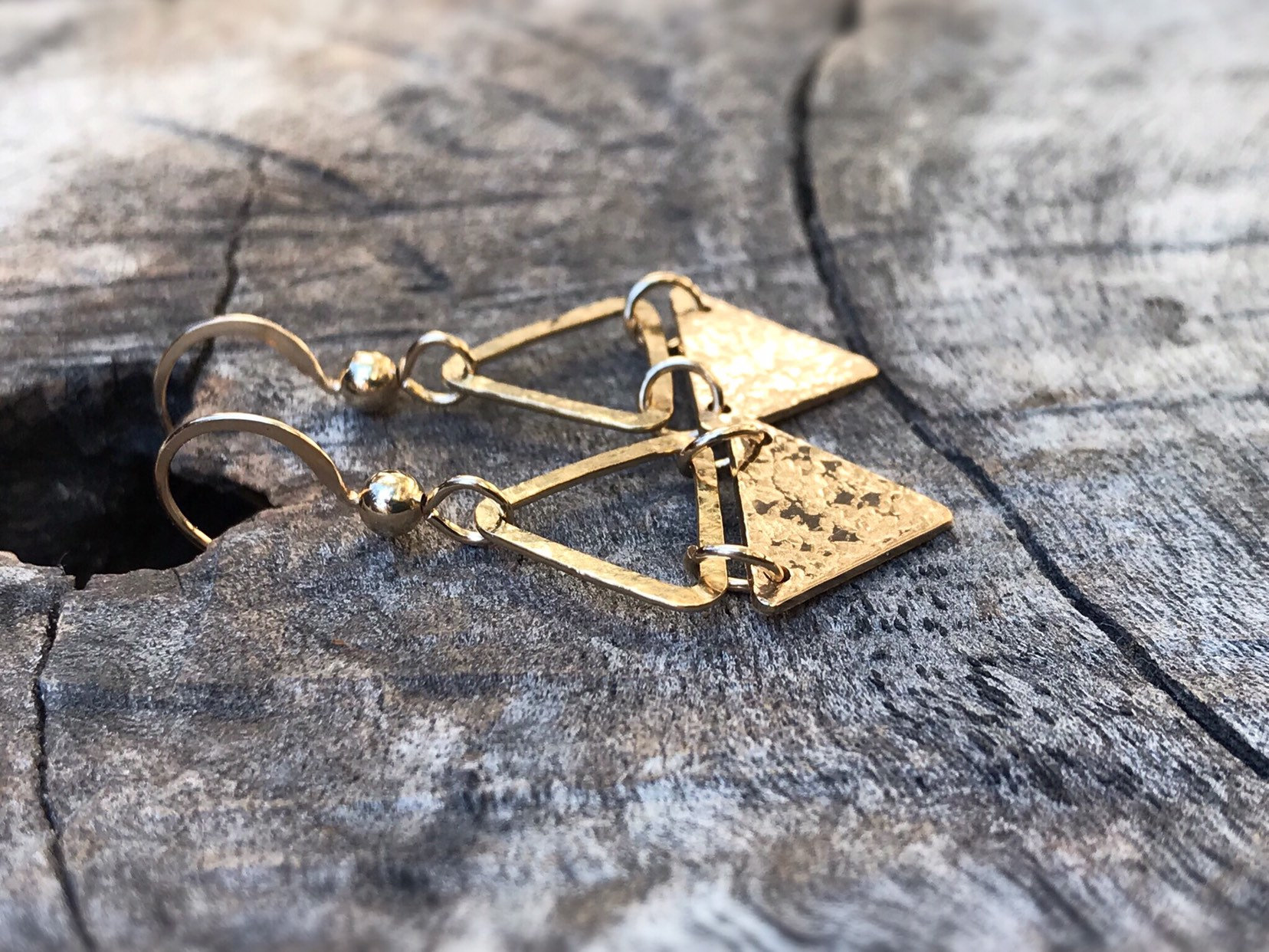 Triangle Dangle Earrings / 14k Yellow Gold Filled / Hammer Forged / Rustic Hammered Texture - Image 5