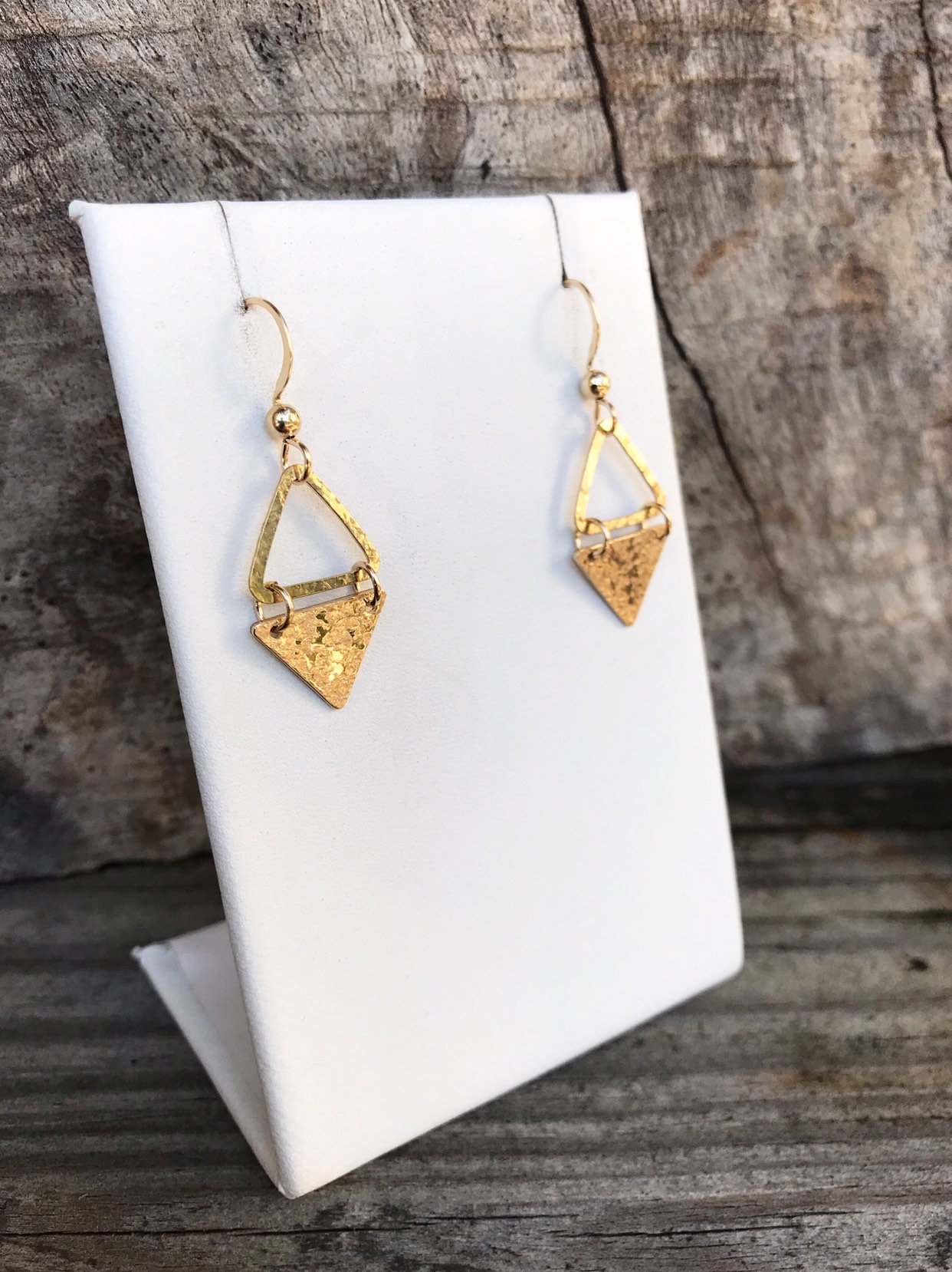 Triangle Dangle Earrings / 14k Yellow Gold Filled / Hammer Forged / Rustic Hammered Texture - Image 6