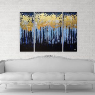 Golden Forest Textured Original Painting By Artist Rafi Perez Mixed Medium Gold Leaf On Canvas 36x48 Triptych