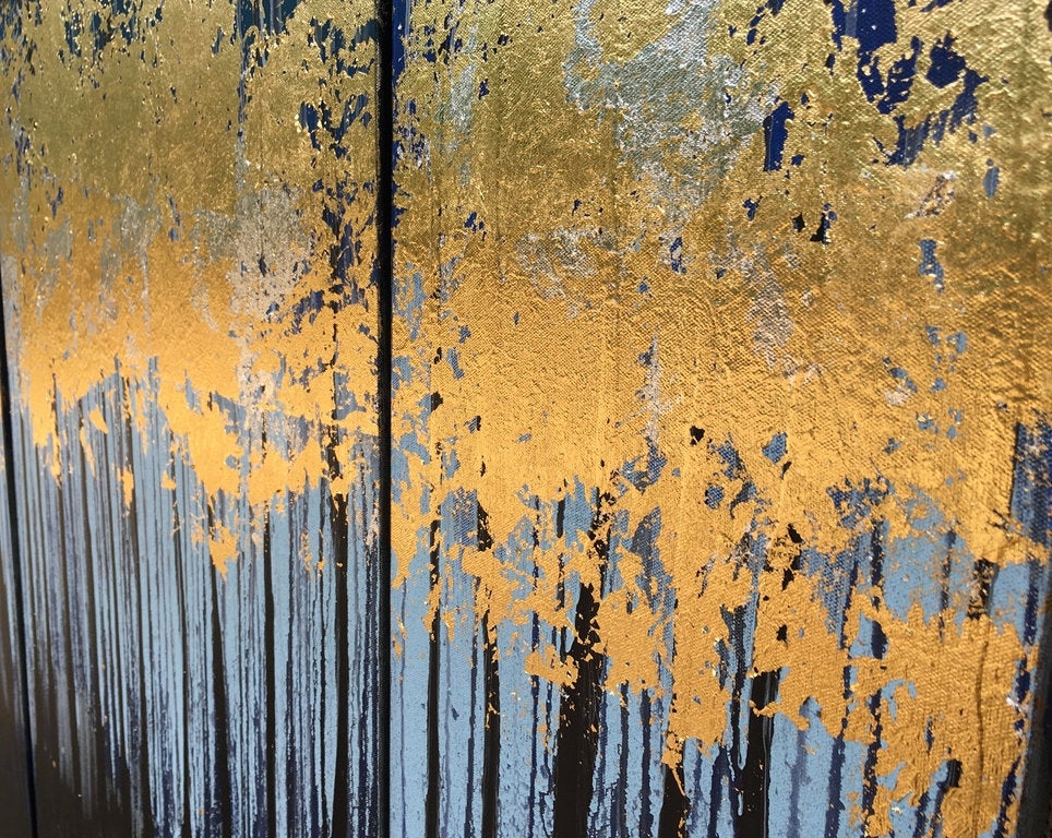 Golden Forest Textured Original Painting By Artist Rafi Perez Mixed Medium Gold Leaf On Canvas 36x48 Triptych - Image 3