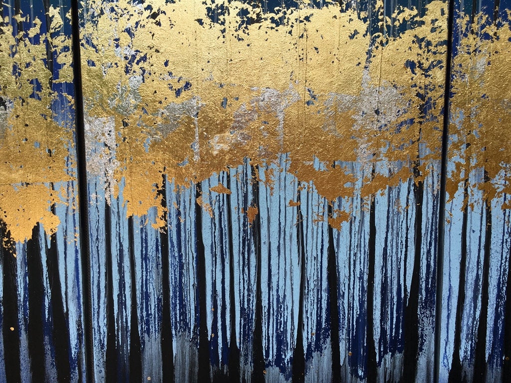 Golden Forest Textured Original Painting By Artist Rafi Perez Mixed Medium Gold Leaf On Canvas 36x48 Triptych - Image 5
