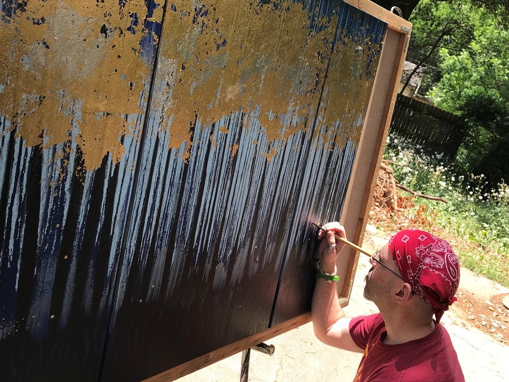 Golden Forest Textured Original Painting By Artist Rafi Perez Mixed Medium Gold Leaf On Canvas 36x48 Triptych - Image 10