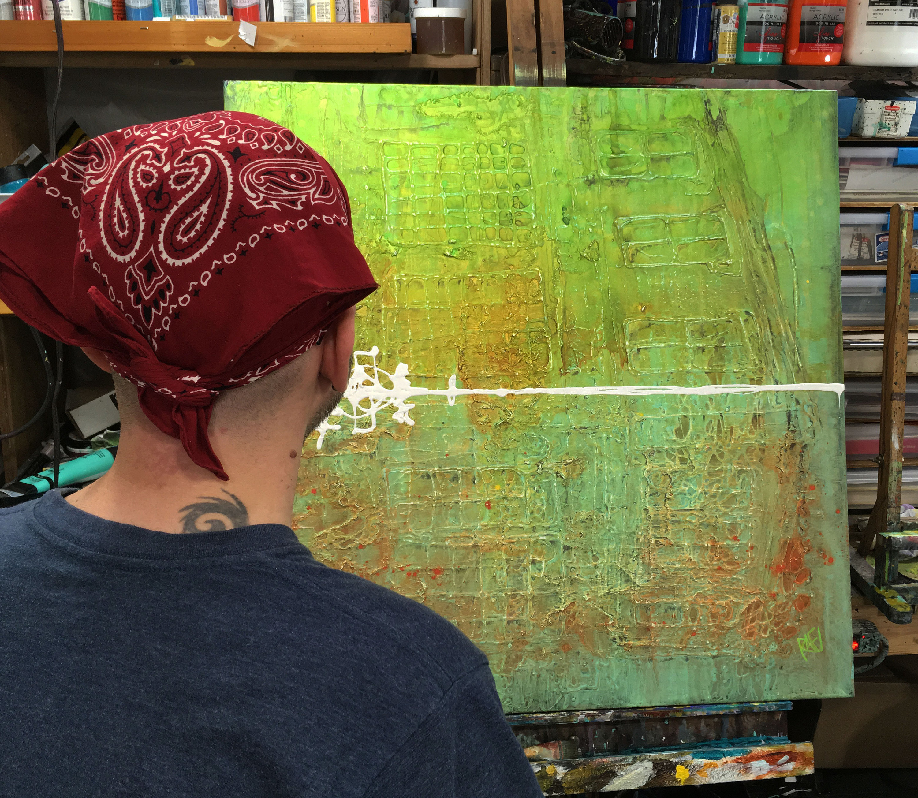 Green Sky Original Painting By Artist Rafi Perez Mixed Medium On Canvas 30x30 - Image 2