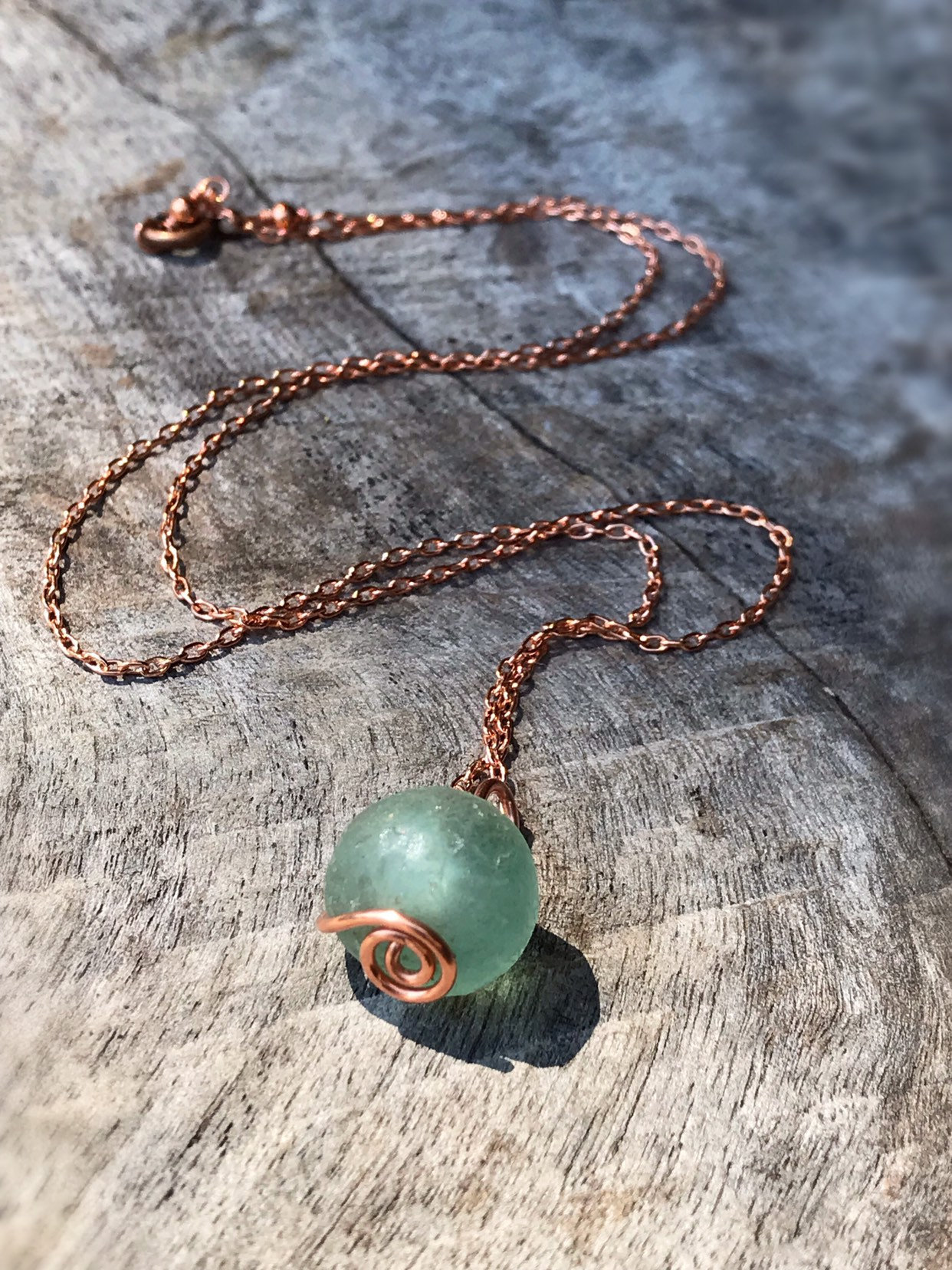 Green Trade Glass Copper Spiral Pendant Necklace - Recycled Glass - Solid Copper - Spiral Design - African Trade Glass Bead - Image 3