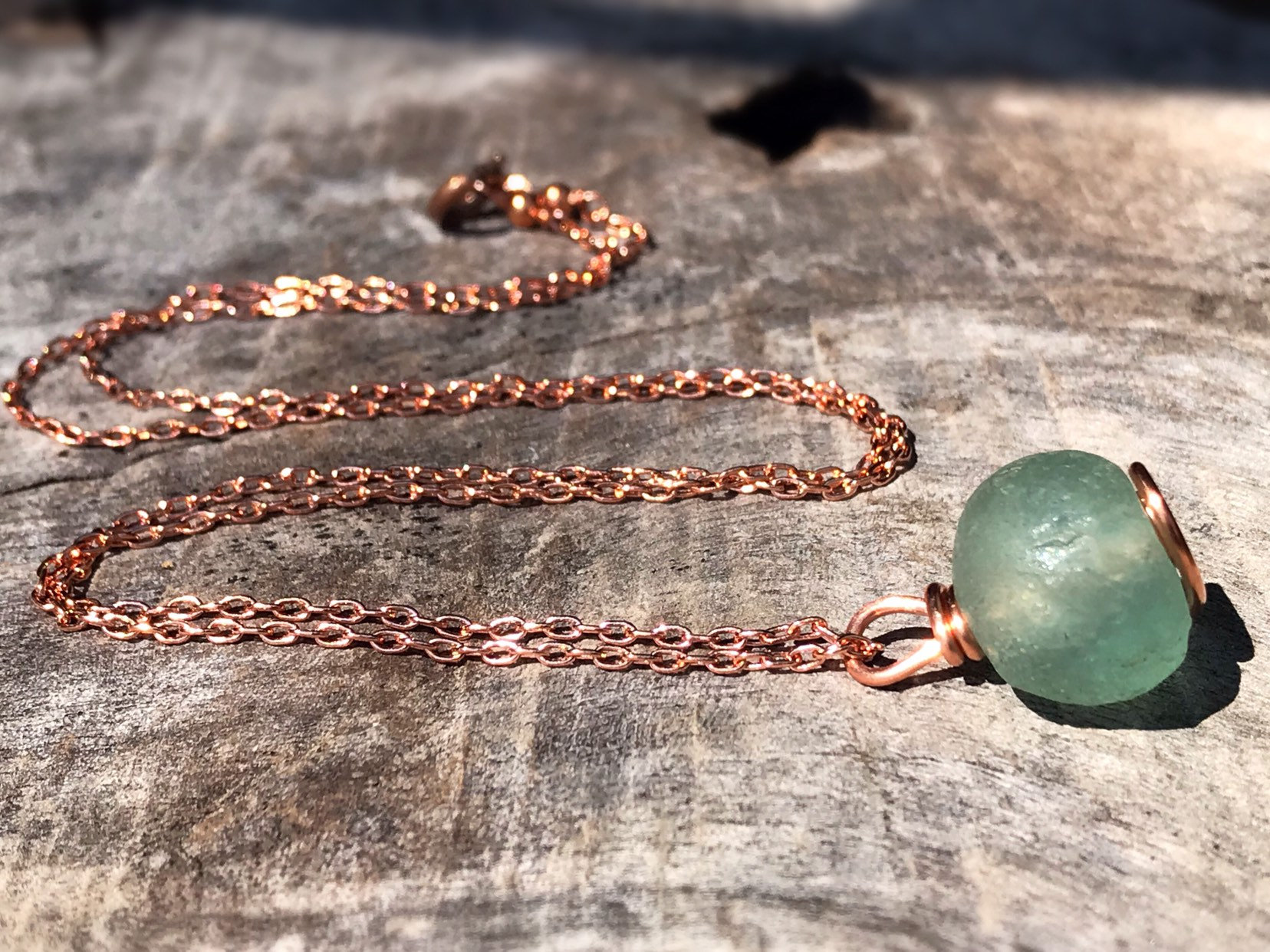 Green Trade Glass Copper Spiral Pendant Necklace - Recycled Glass - Solid Copper - Spiral Design - African Trade Glass Bead - Image 2
