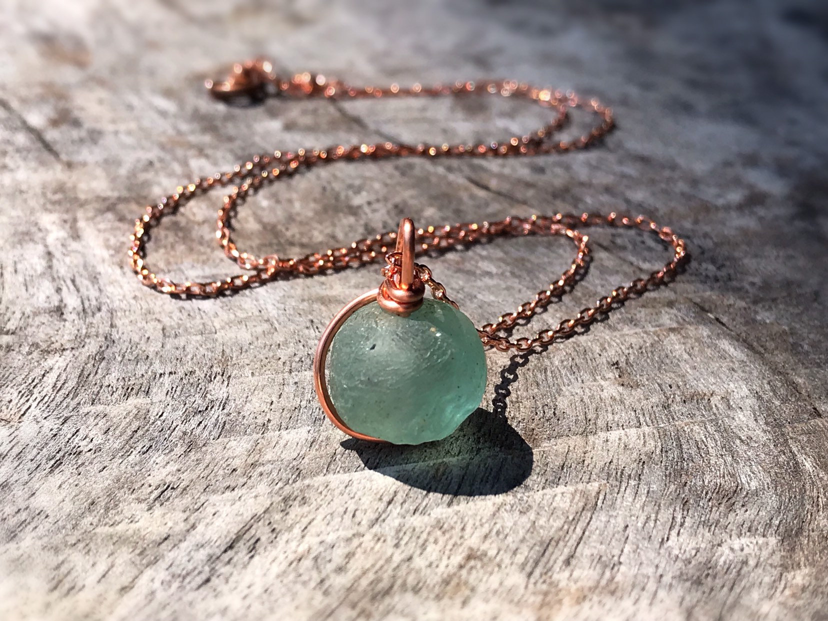 Green Trade Glass Copper Spiral Pendant Necklace – Recycled Glass – Solid Copper – Spiral Design – African Trade Glass Bead