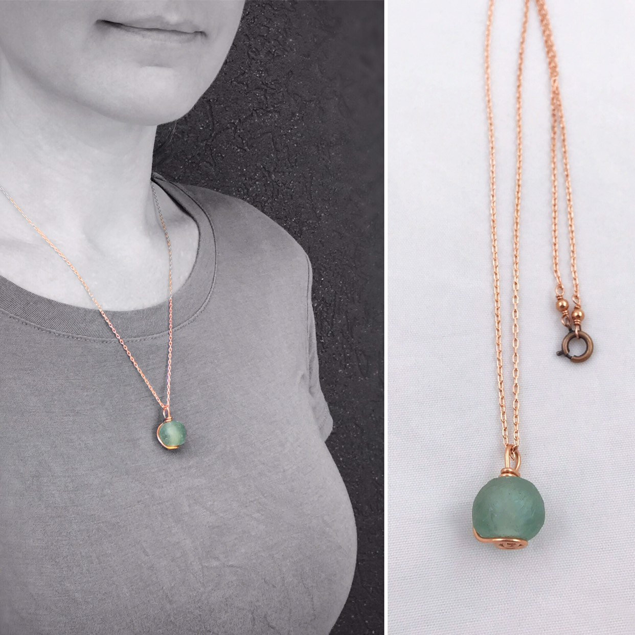 Green Trade Glass Copper Spiral Pendant Necklace - Recycled Glass - Solid Copper - Spiral Design - African Trade Glass Bead - Image 4