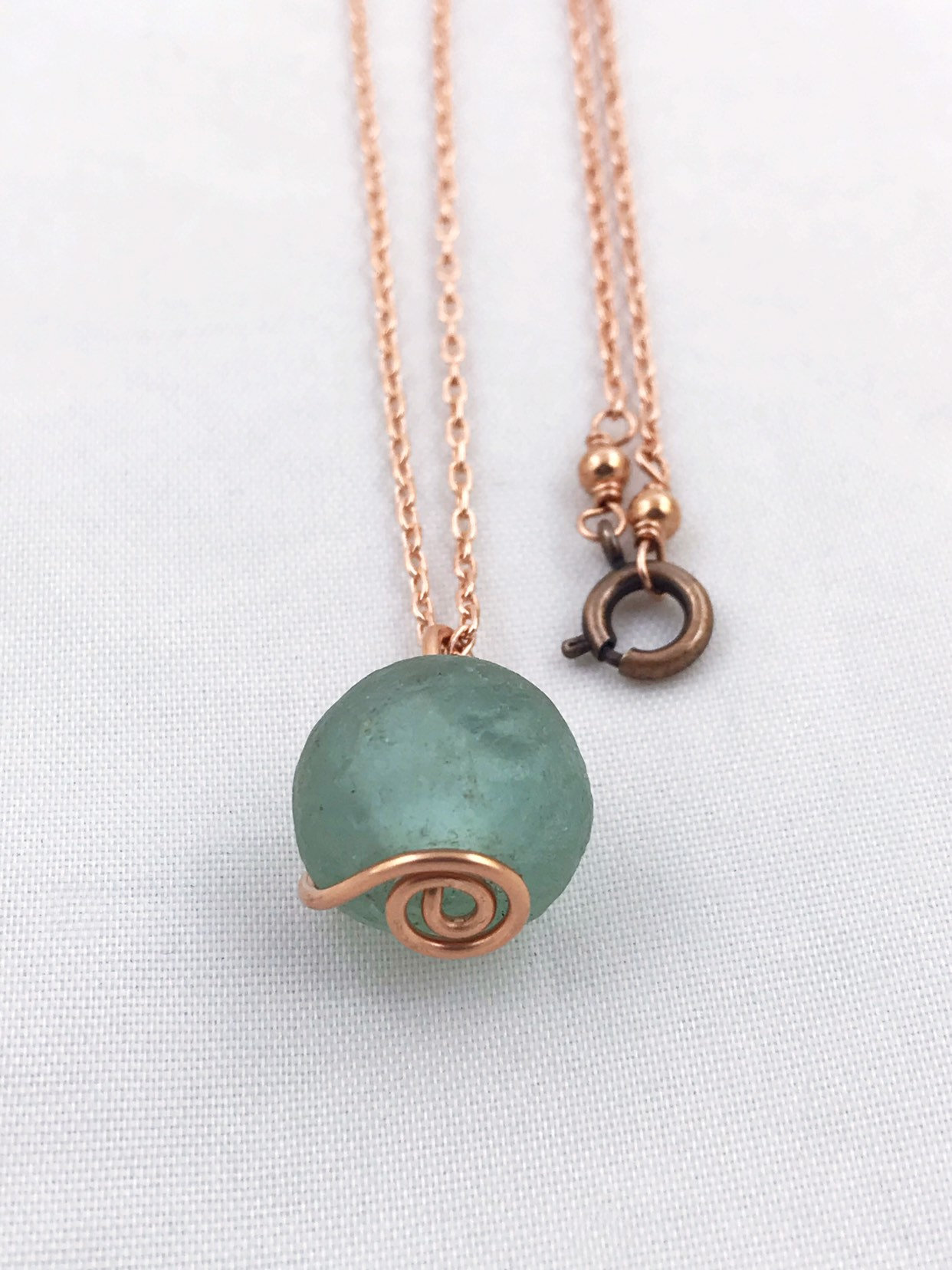 Green Trade Glass Copper Spiral Pendant Necklace - Recycled Glass - Solid Copper - Spiral Design - African Trade Glass Bead - Image 6