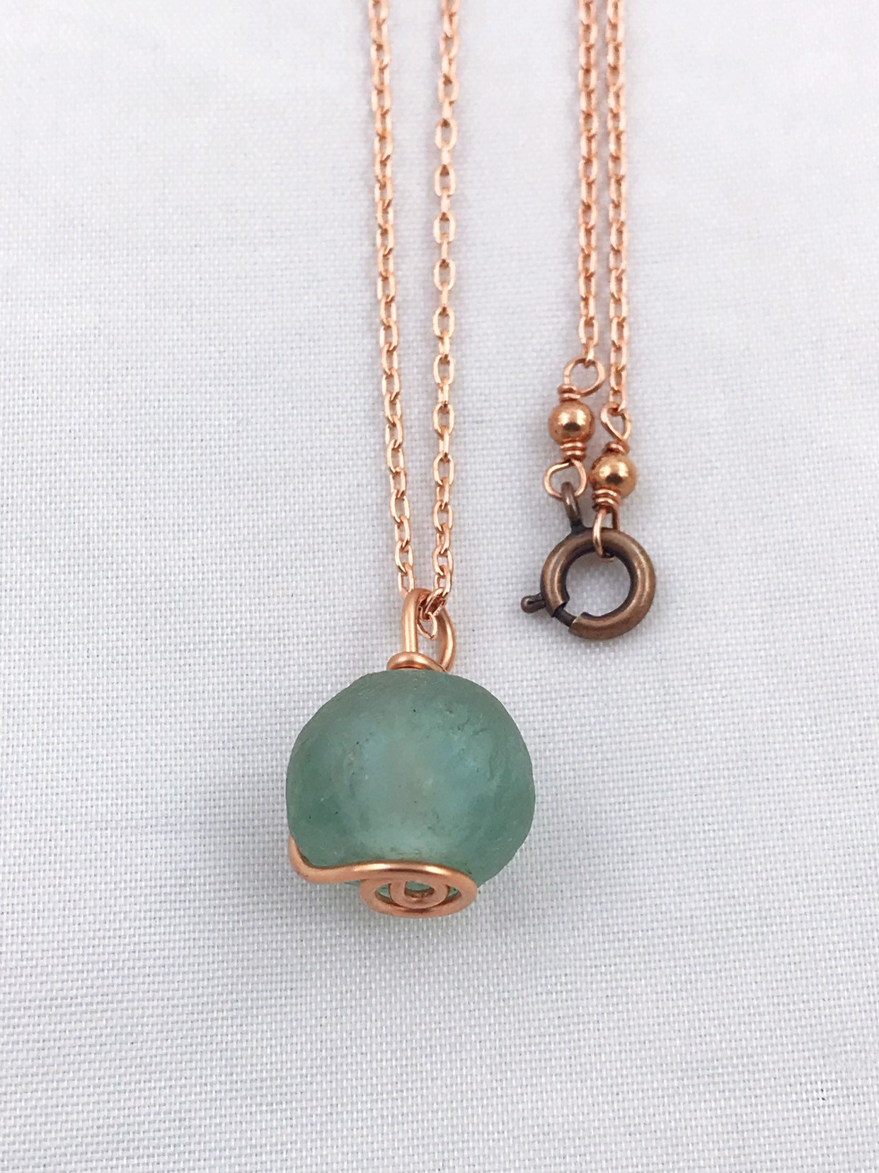 Green Trade Glass Copper Spiral Pendant Necklace - Recycled Glass - Solid Copper - Spiral Design - African Trade Glass Bead - Image 7