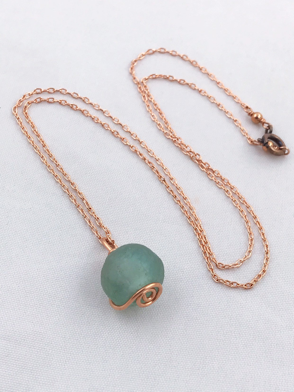 Green Trade Glass Copper Spiral Pendant Necklace - Recycled Glass - Solid Copper - Spiral Design - African Trade Glass Bead - Image 8